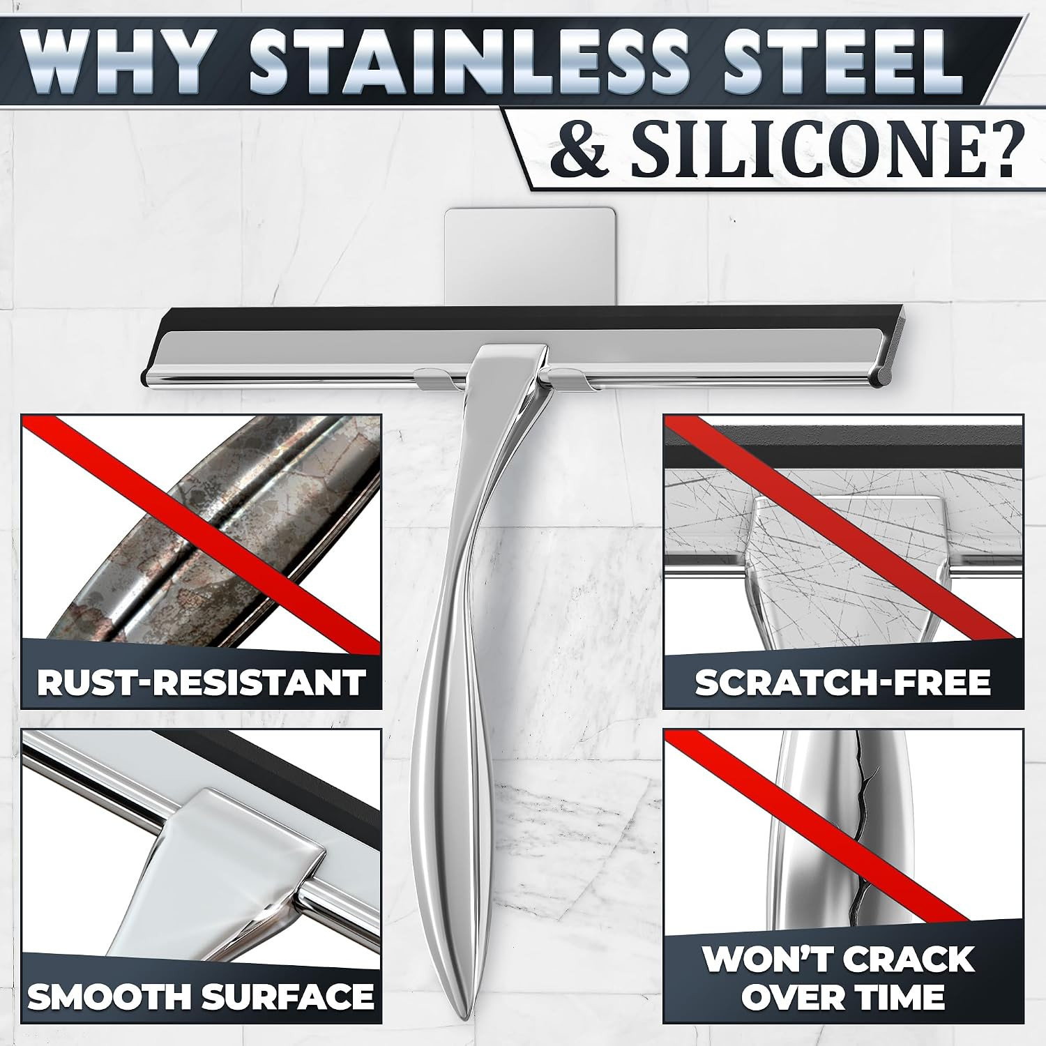 12″ Silver Shower Door Squeegee – Stainless Steel Shower Squeegee for Streak-Fre