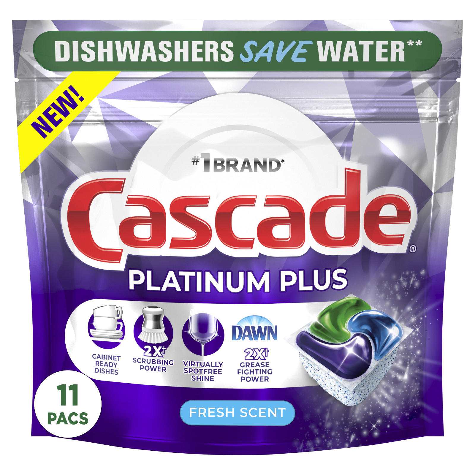 Cascade Platinum Plus Dishwasher Pods, Fresh Scent, 11 CT pack of 6 = 66 pods