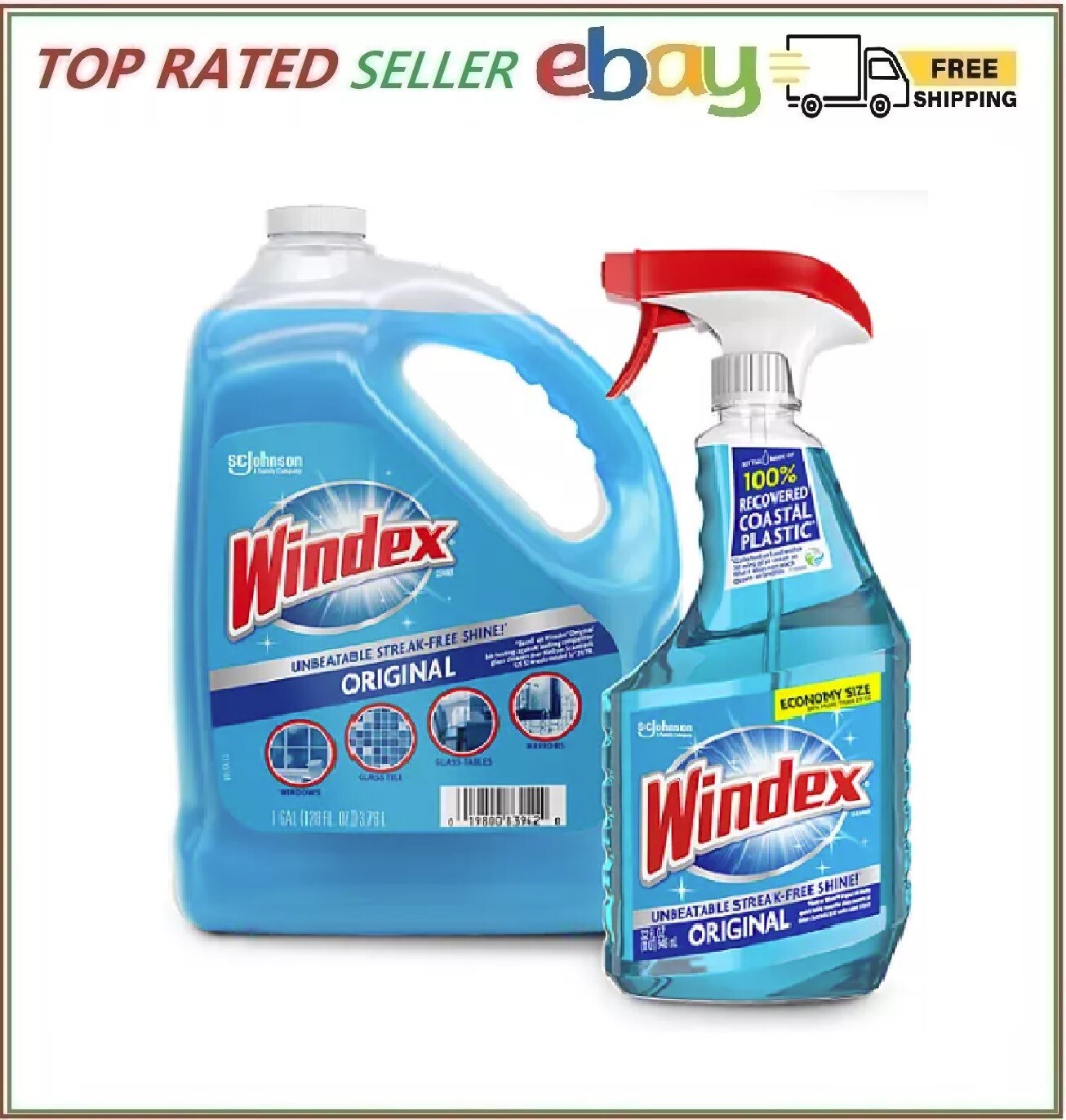 Windex Original Glass Cleaner 128 oz Refill + Spray Bottle Streak-Free Shine.