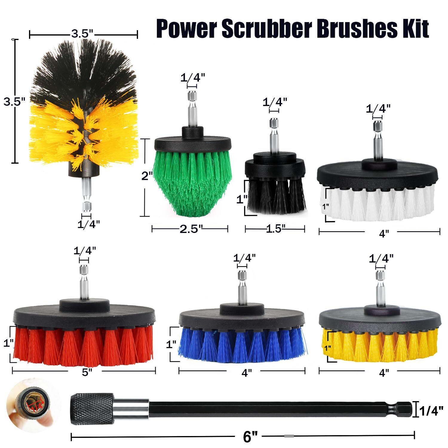 Drill Brush Attachment Set 7pcs 1/4in Power Scrubber Brush + Extend Long Attachm