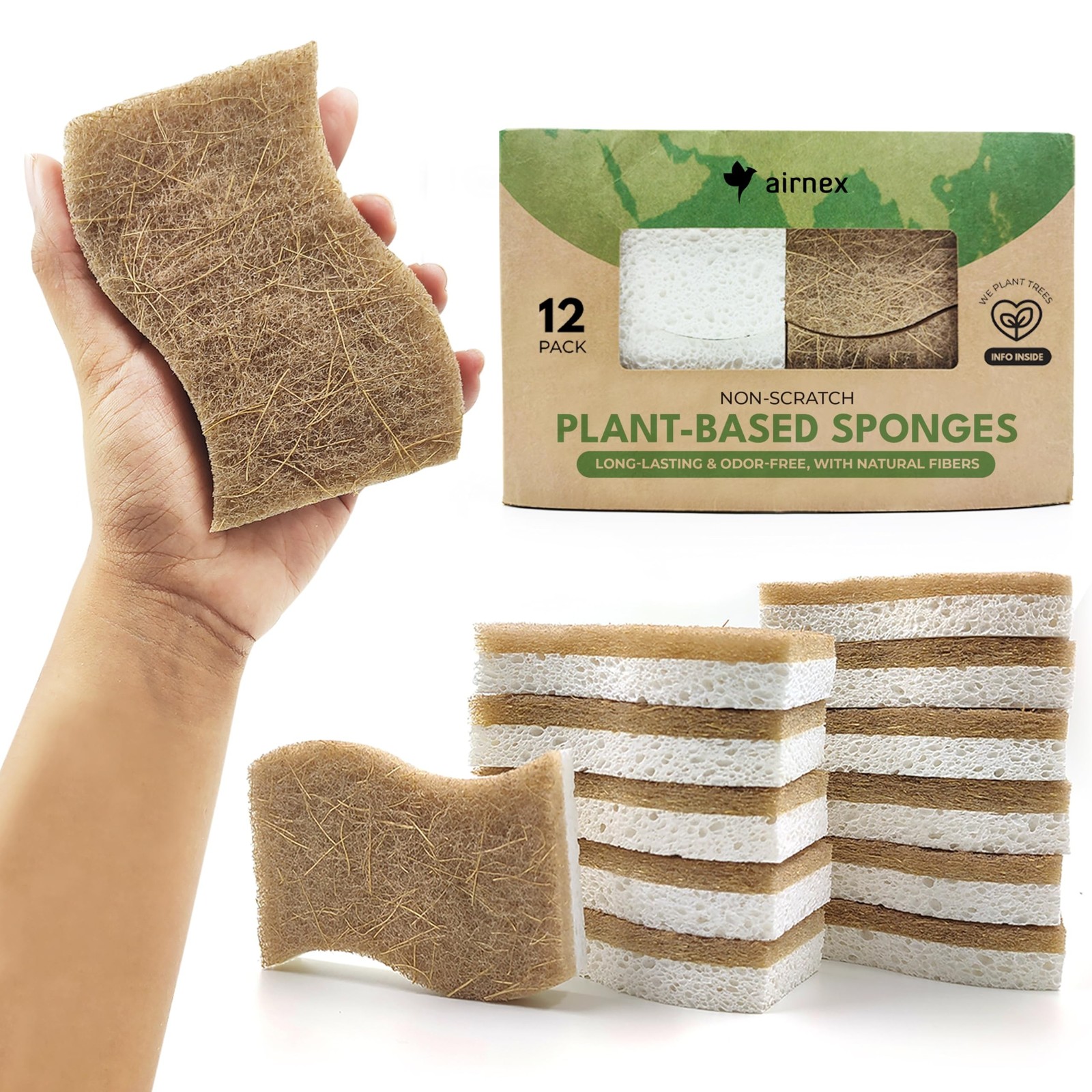 AIRNEX Natural Kitchen Sponges (12 Pack) – Biodegradable Cellulose & Coconut …