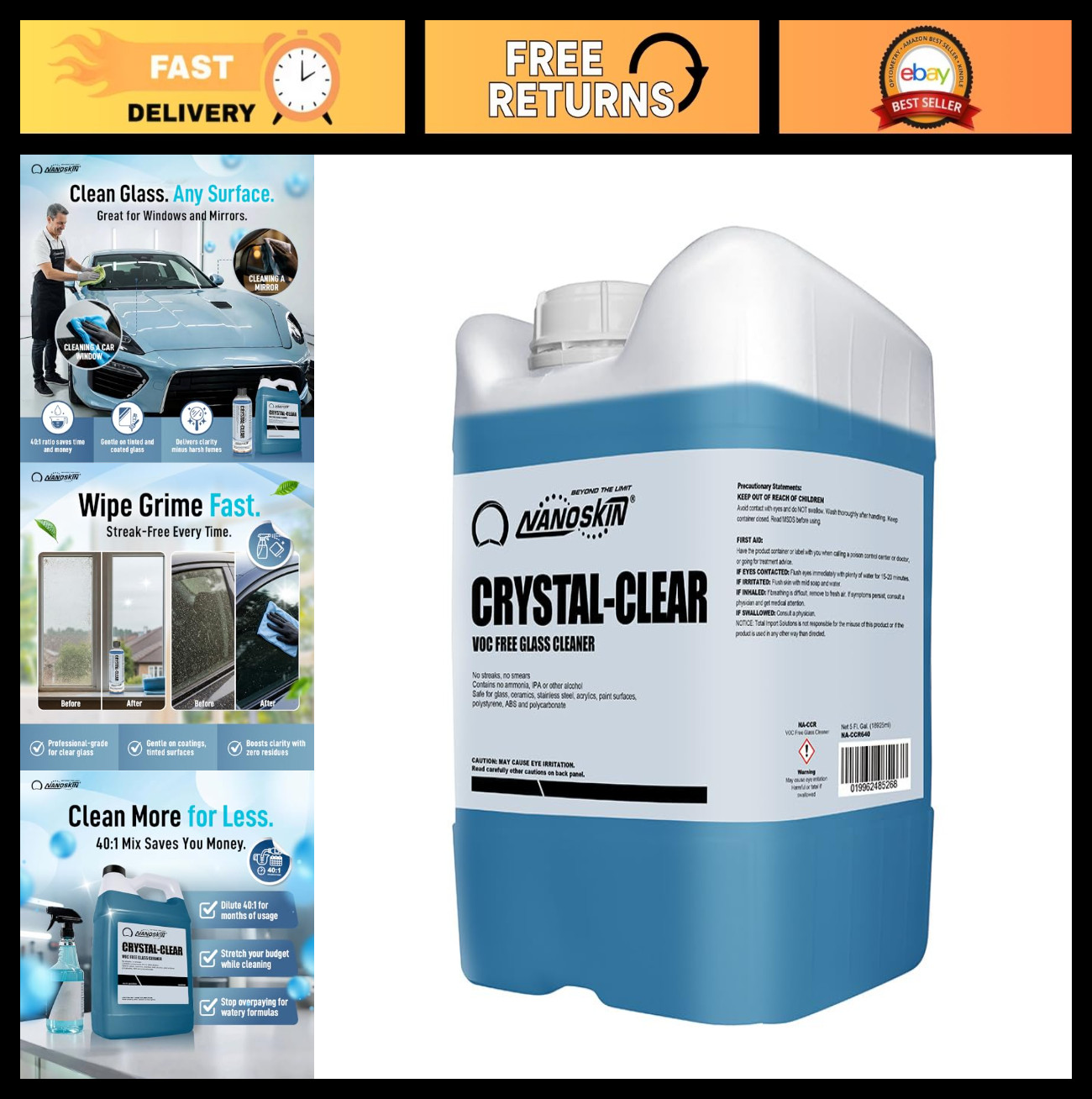 Ultra-Concentrated VOC-Free Glass Cleaner 5 Gallon – Streak-Free, Eco-Friendly,