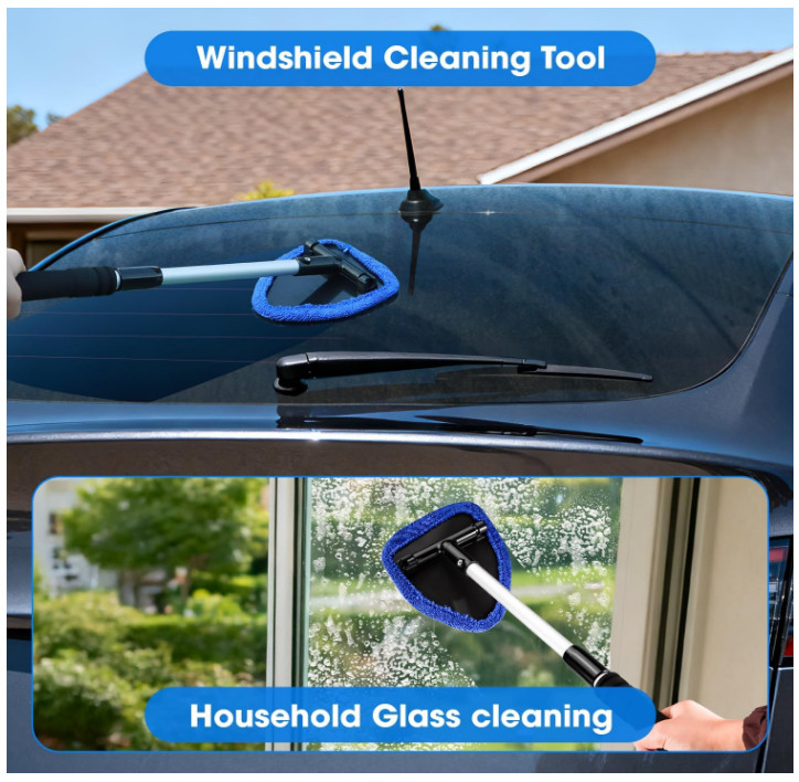 Windshield Cleaner Tool, Car Interior Cleaning Kit with Extendable Handle and 3