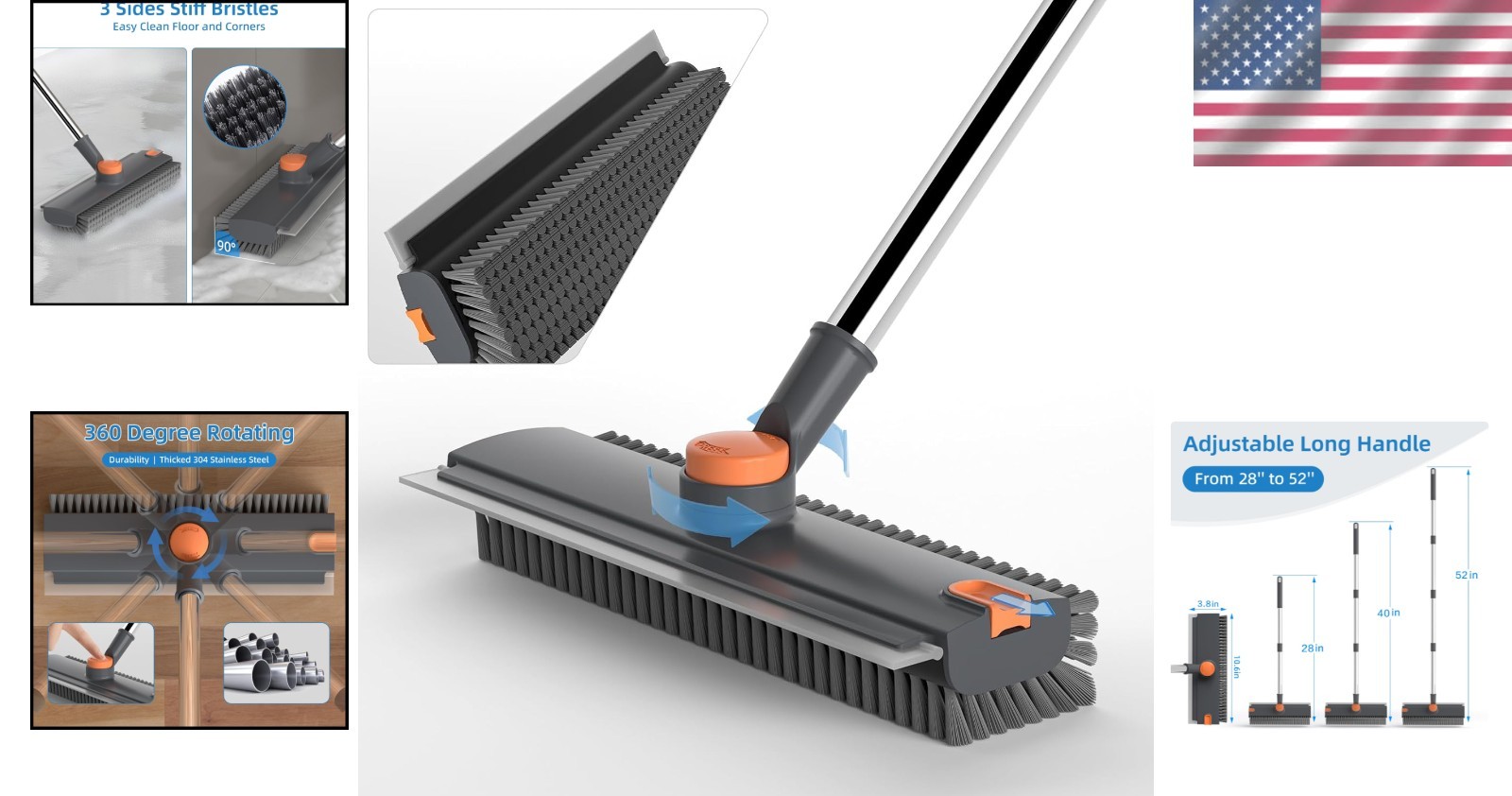 Floor Scrub Brush Squeegee Broom with Long Handle 3 in 1 Cleaning Tool