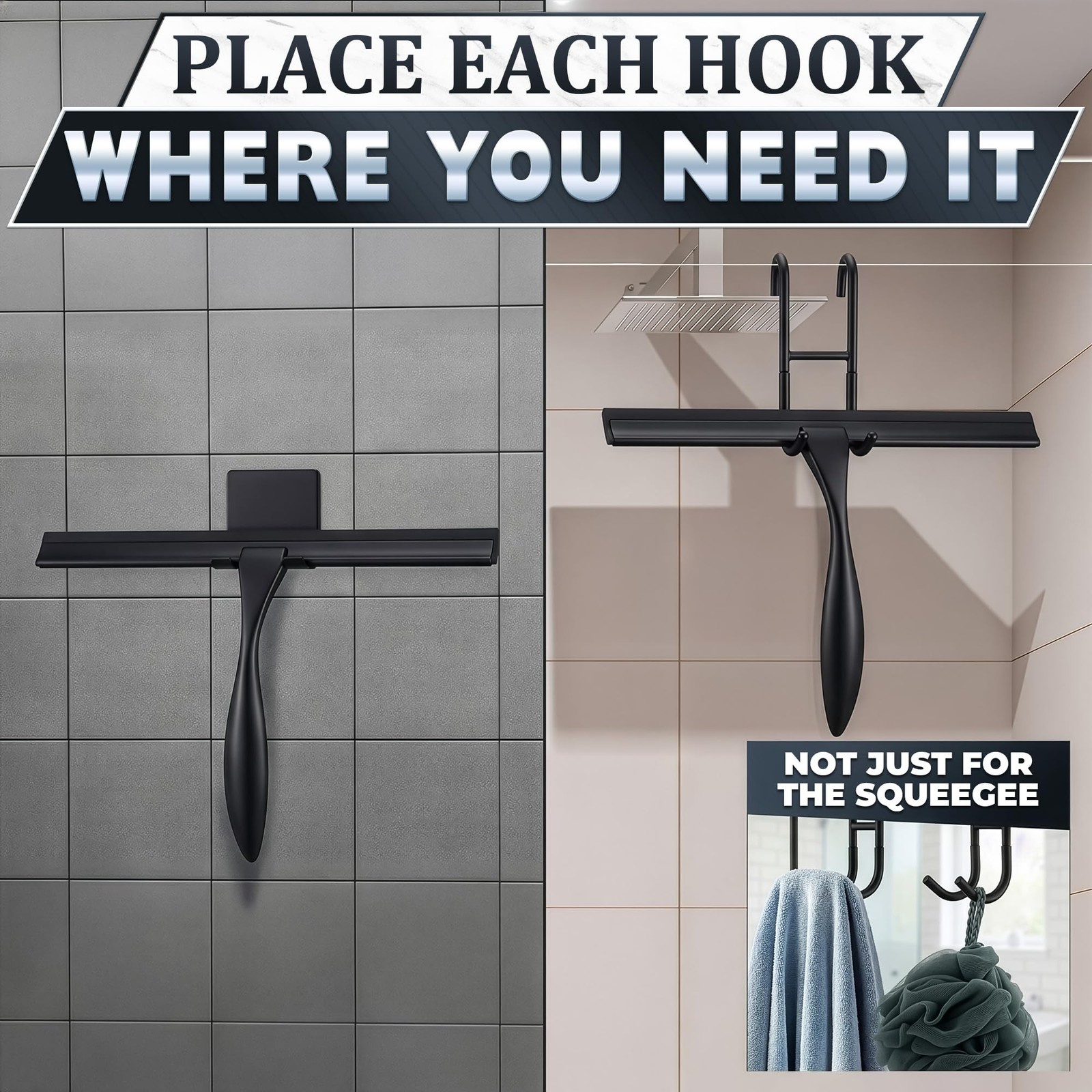 Shower Door Squeegee with Hook 10″ Silicone Blade, Stainless Steel Black Squ…