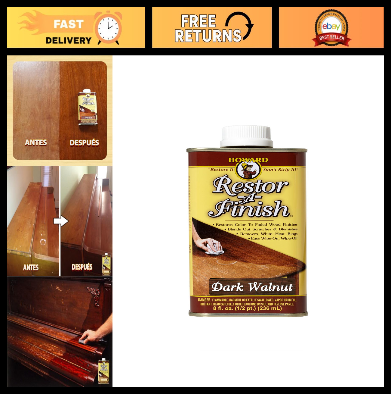 Dark Walnut Wood Finish Restorer – Repair Scratches, Eliminate Stains, 8 Fl Oz