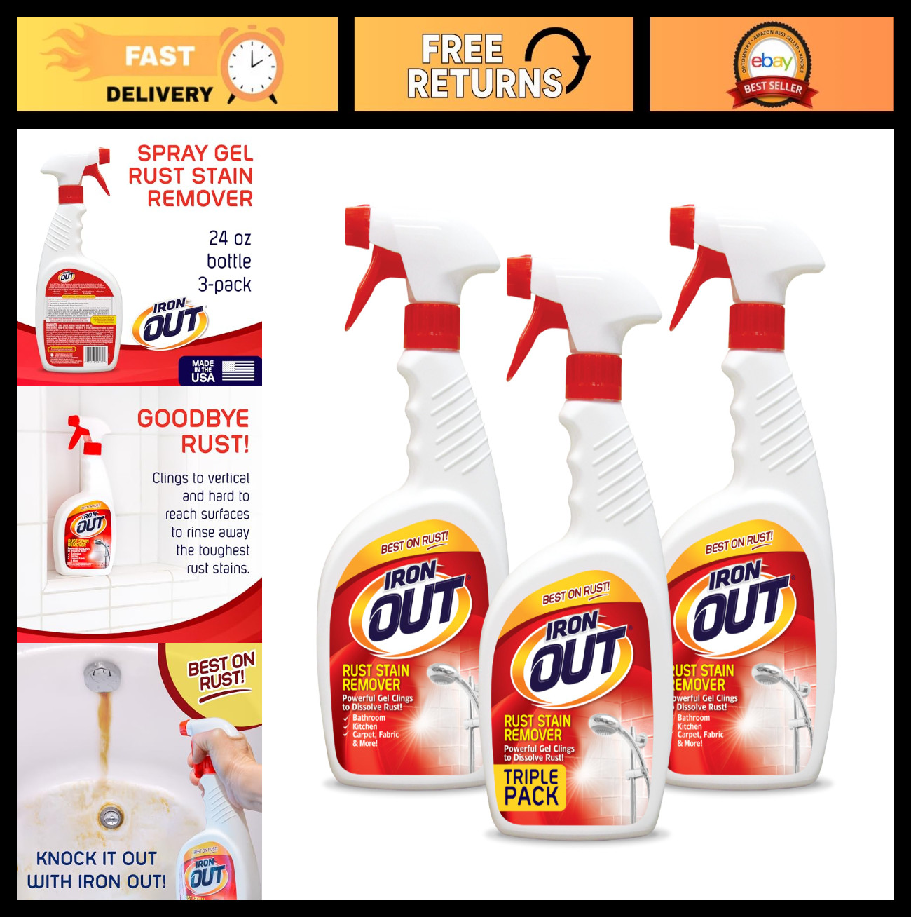 Rust Stain Remover Spray Gel – No Scrubbing, 24oz, 3-Pack for Bathrooms, Kitchen