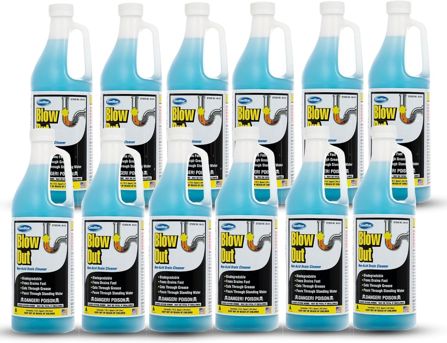 ComStar Blow Out 1 Qt Non-Acid Liquid Drain Cleaner for Clogged Drains, 12 pack