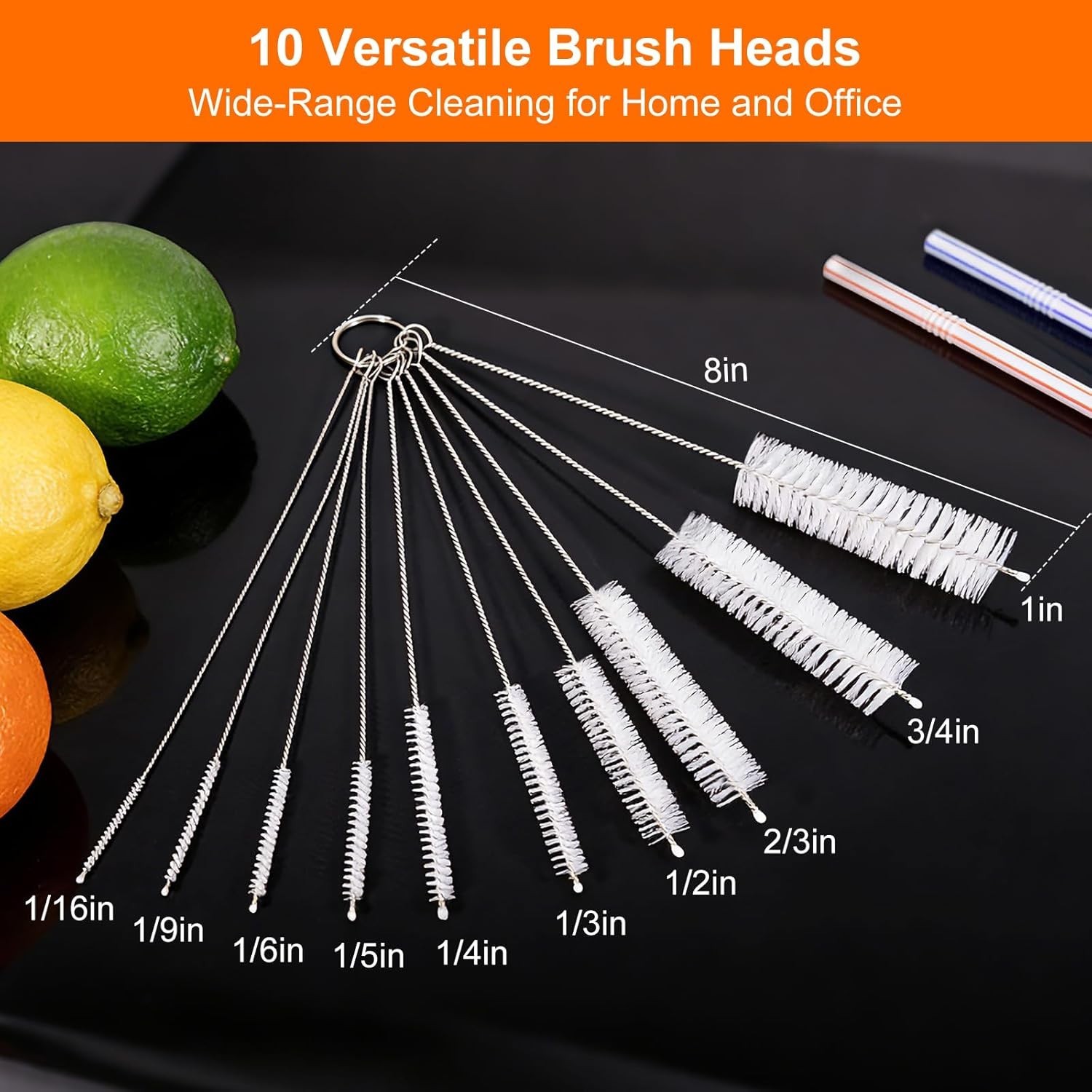 Straw Cleaner Brush Set 10 Pack, 8 Inch Extra Long Reusable Straw Cleaning Br…