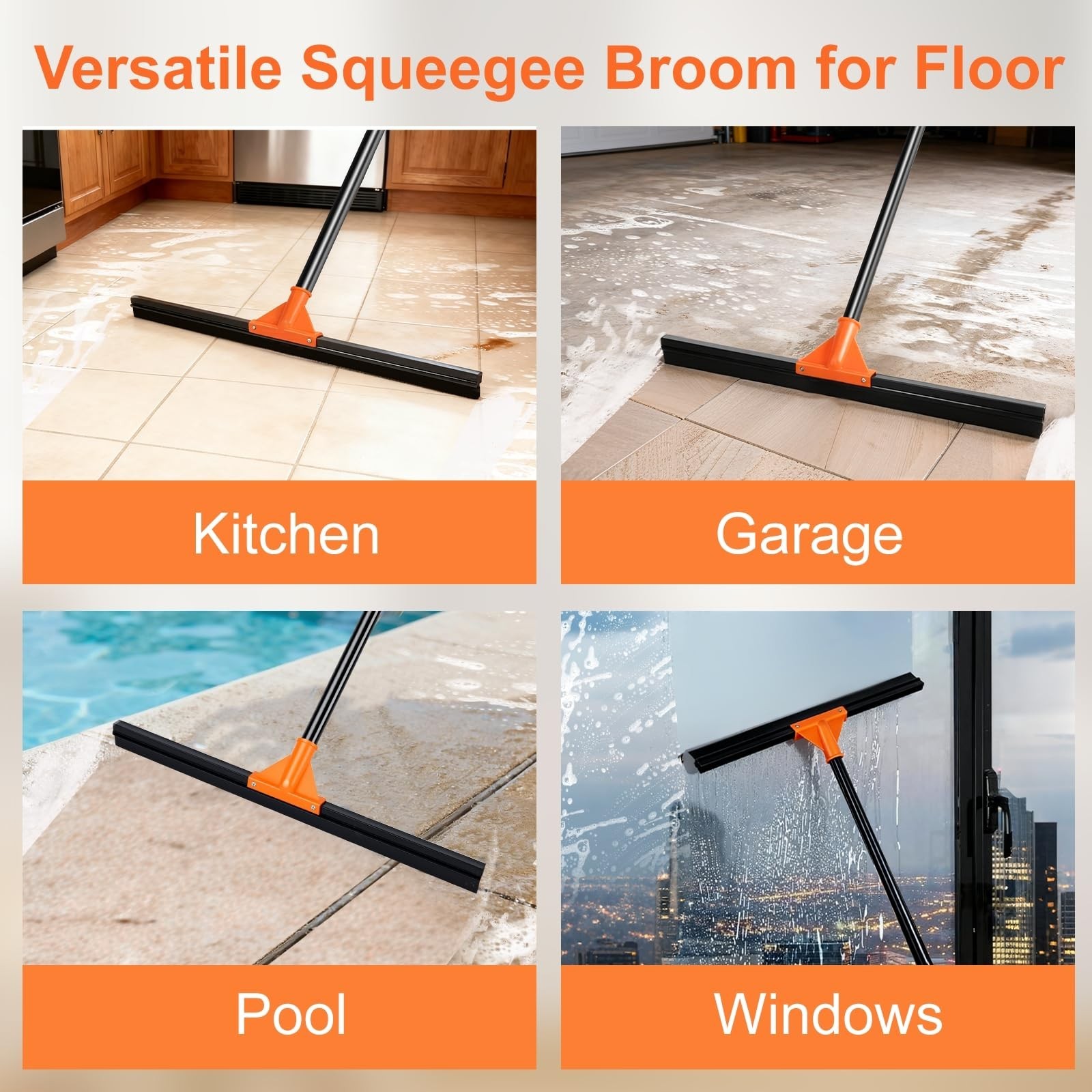 Heavy Duty 18″ Floor Squeegee with Long Handle – Rubber Wiper for Concrete, Tile