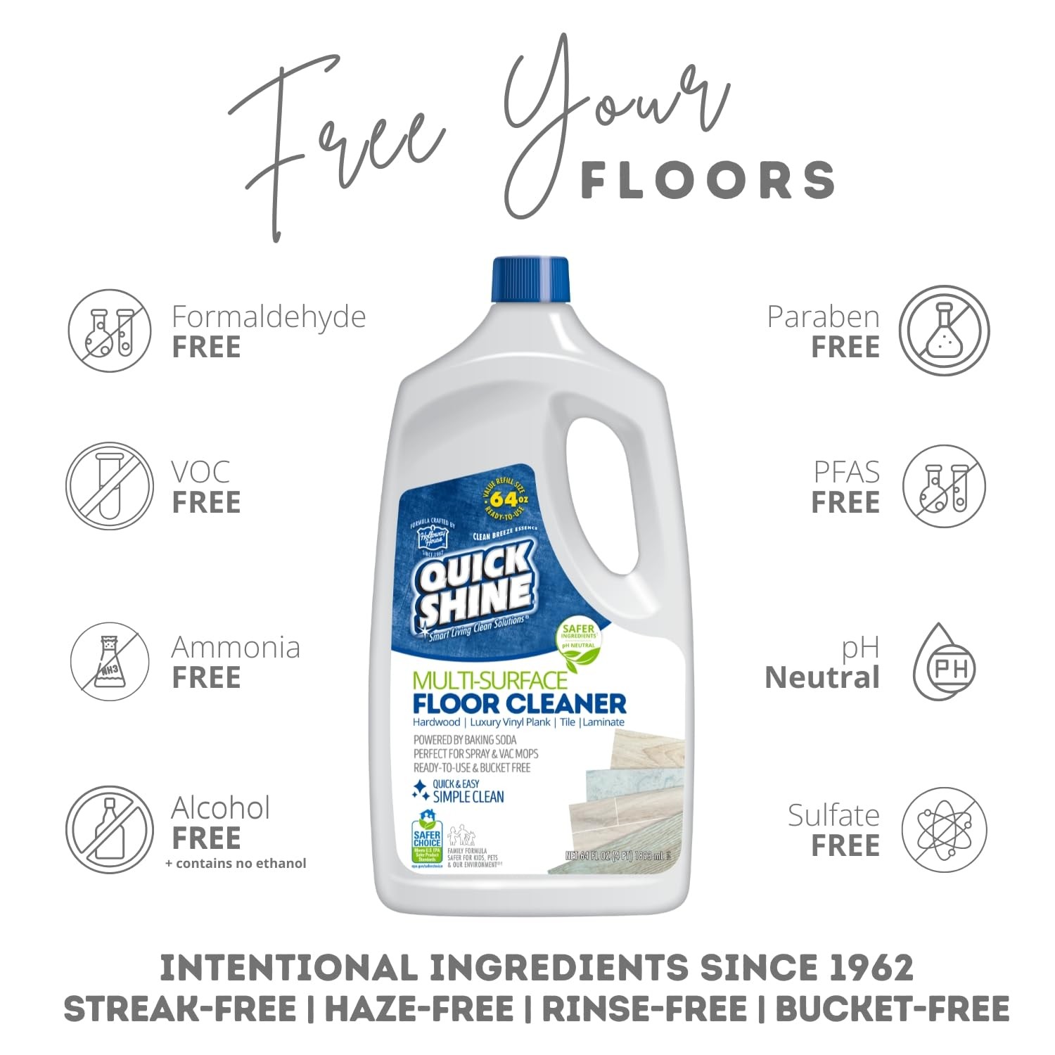 Quick Shine Multi Surface Floor Cleaner 64oz, Ready to Use-Streak Free-No Rinse,