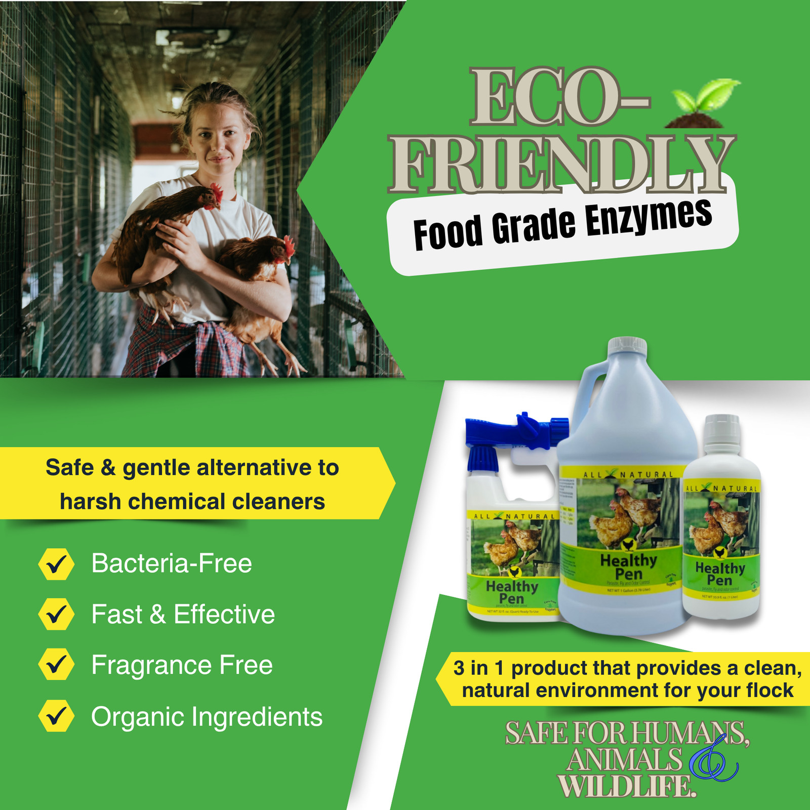 Natural Chicken Coop Cleaner & Deodorizer | Healthy Pen | 32 oz, 33.9 oz & 1 Gal