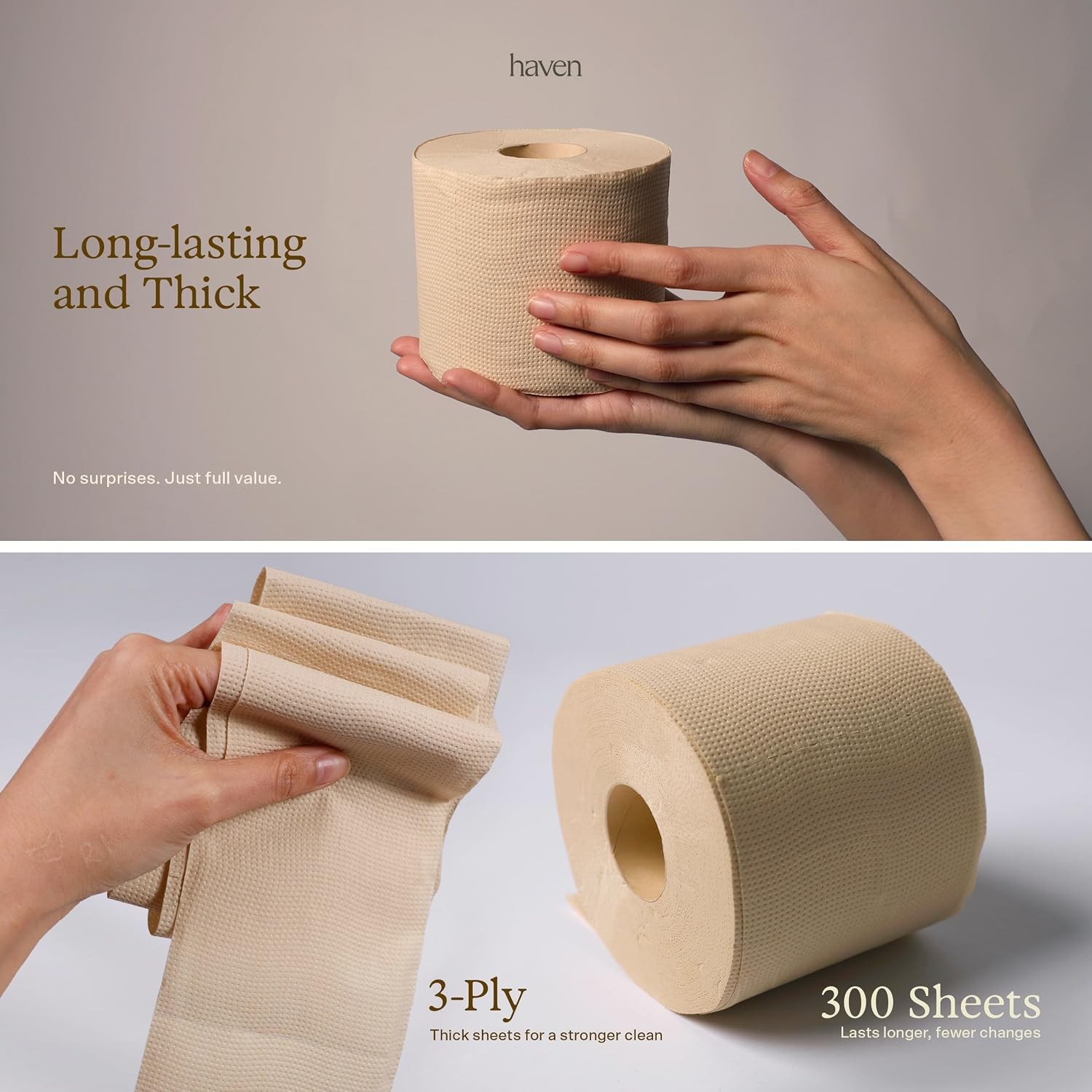 Haven Unbleached Bamboo Toilet Paper with Plastic Free Packaging, 3-Ply, 24 Ro