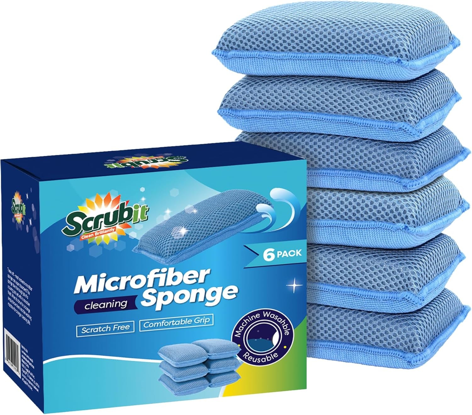Miracle Microfiber Kitchen Sponge by Scrub-It (6 Pack) – Non-Scratch Heavy Duty