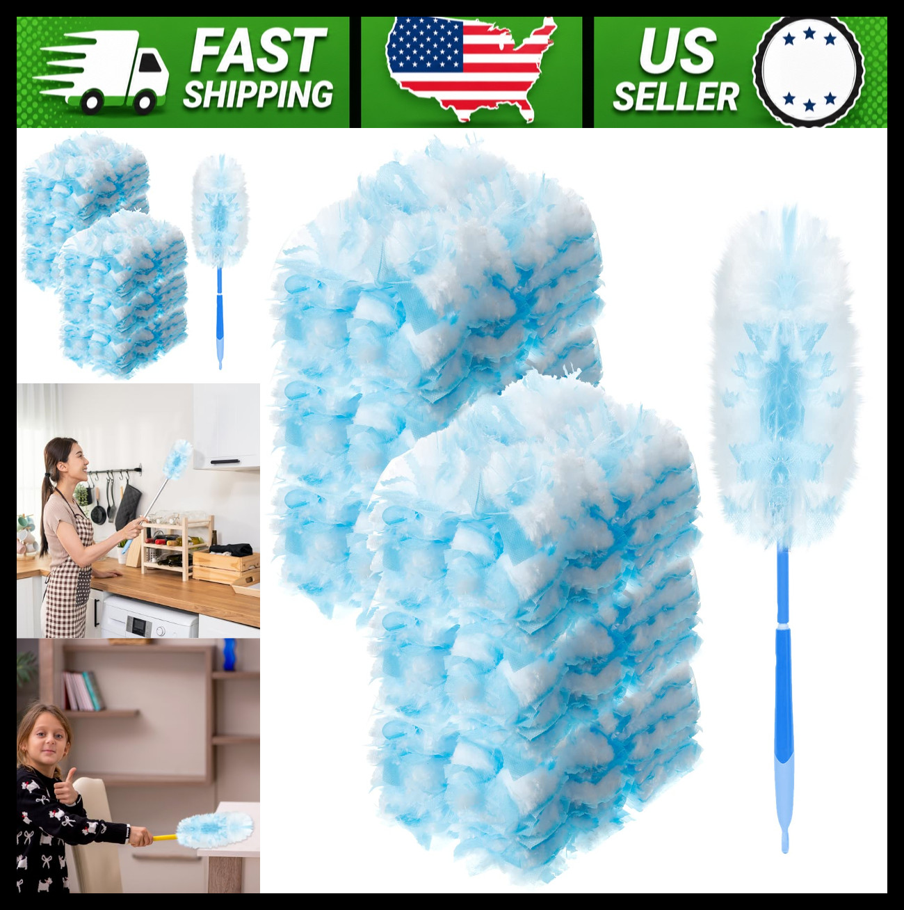 Vesici 300 Pcs Duster Refills with Handle, Heavy Duty Cleaning, Blue