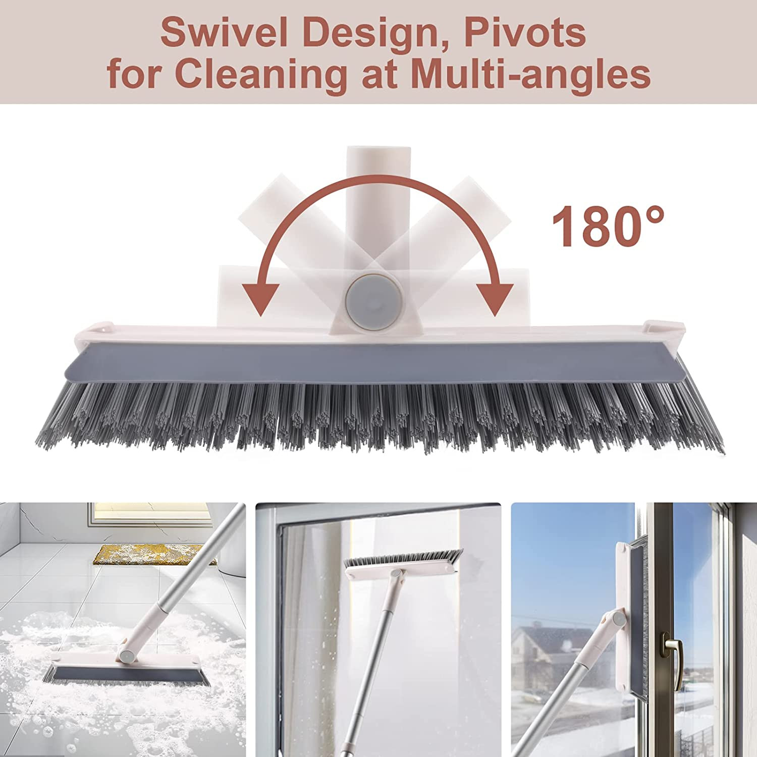 Grout Brush with Long Handle, 2 in 1 Floor Scrub Brush with Squeegee, Shower Scr