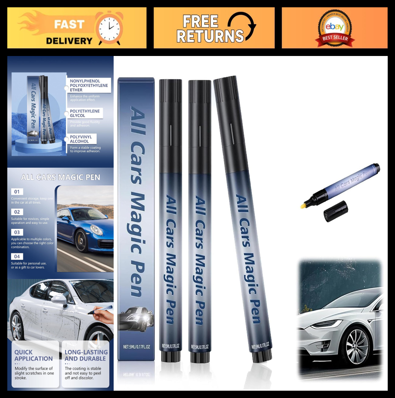 Magic Scratch Removal Pen for Cars – Easy Use, Quick Repair, 3 Pack, All Colors