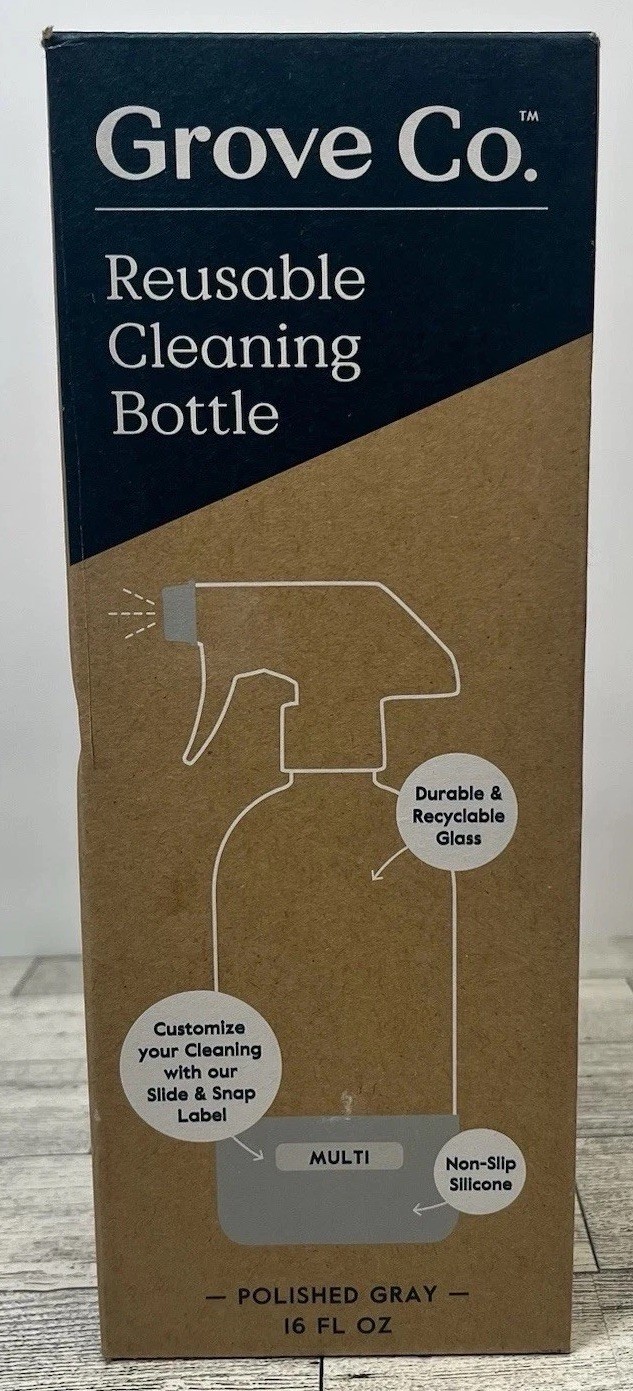 Grove Co. Reusable Glass Cleaning Bottle Polished Gray Silicone Sleeve 16 oz NIB