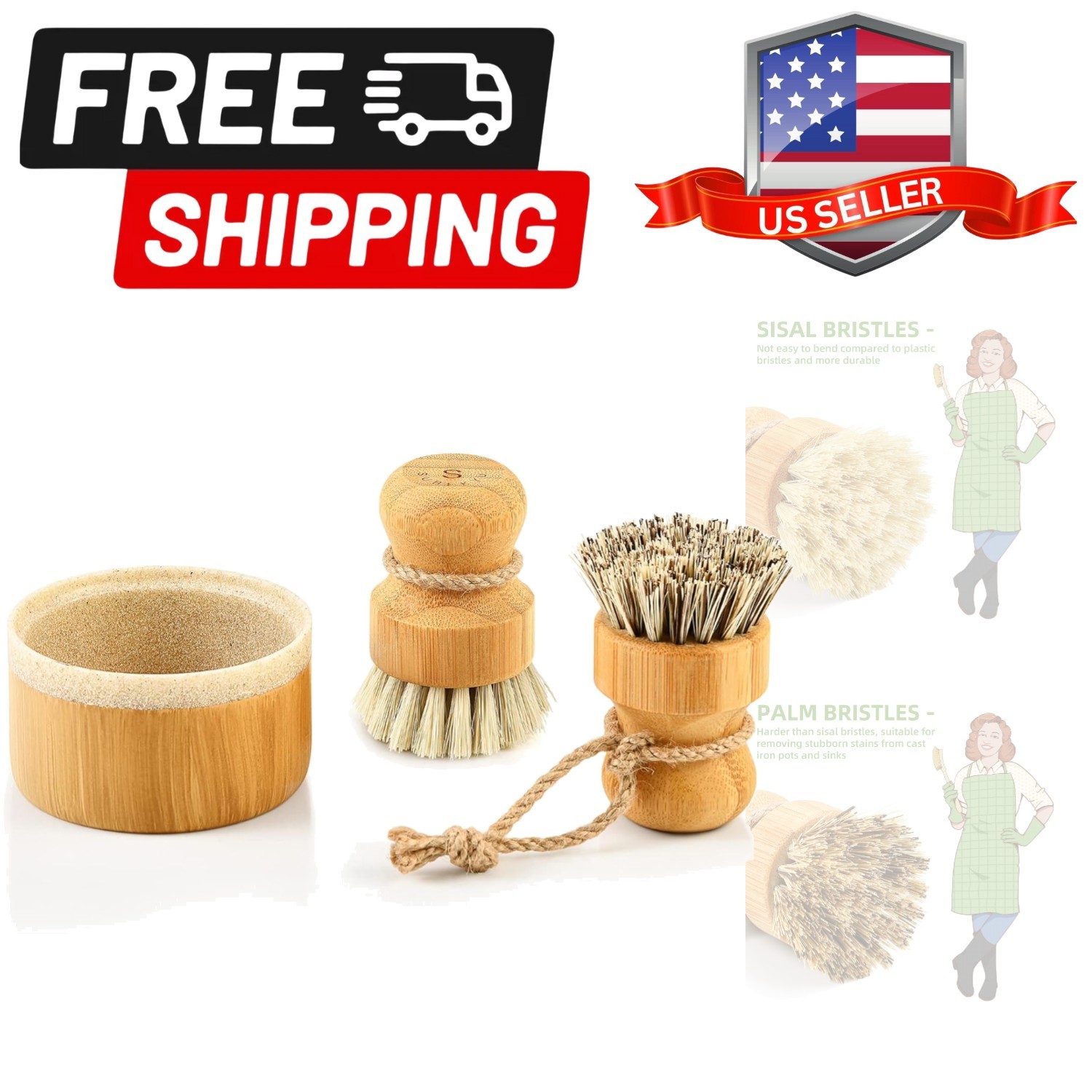 Bamboo Dish Brush Set with Soap Holder, Wooden Dish Scrubber with Soap Dispen…