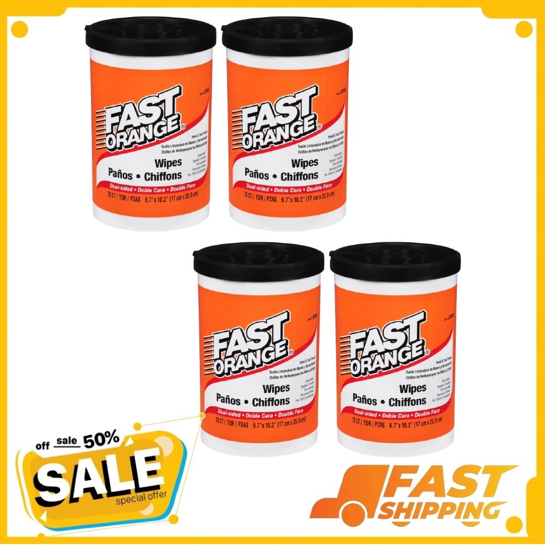 (4 pack) Permatex Fast Orange Hand Cleaner Wipes, 72-Count Container Clean Scent
