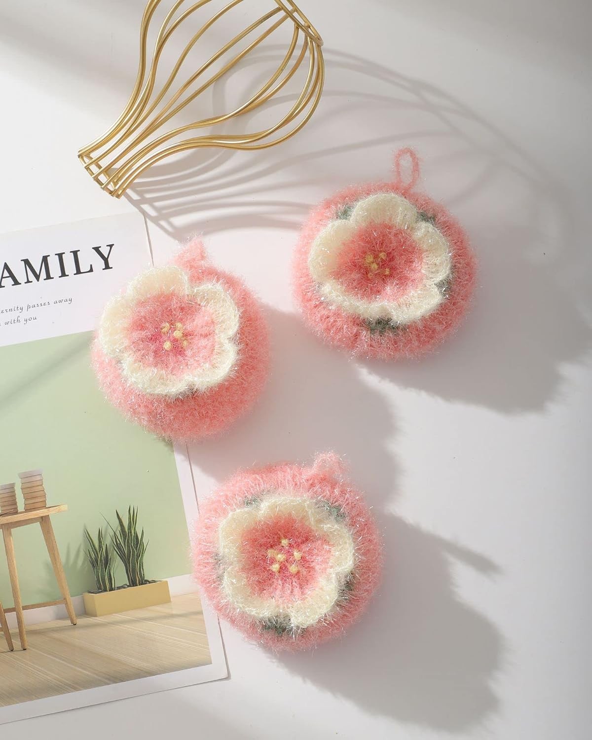 Cherry Blossom Shaped Acrylic Dish Scrubber, Flower Shaped Hand Crochet