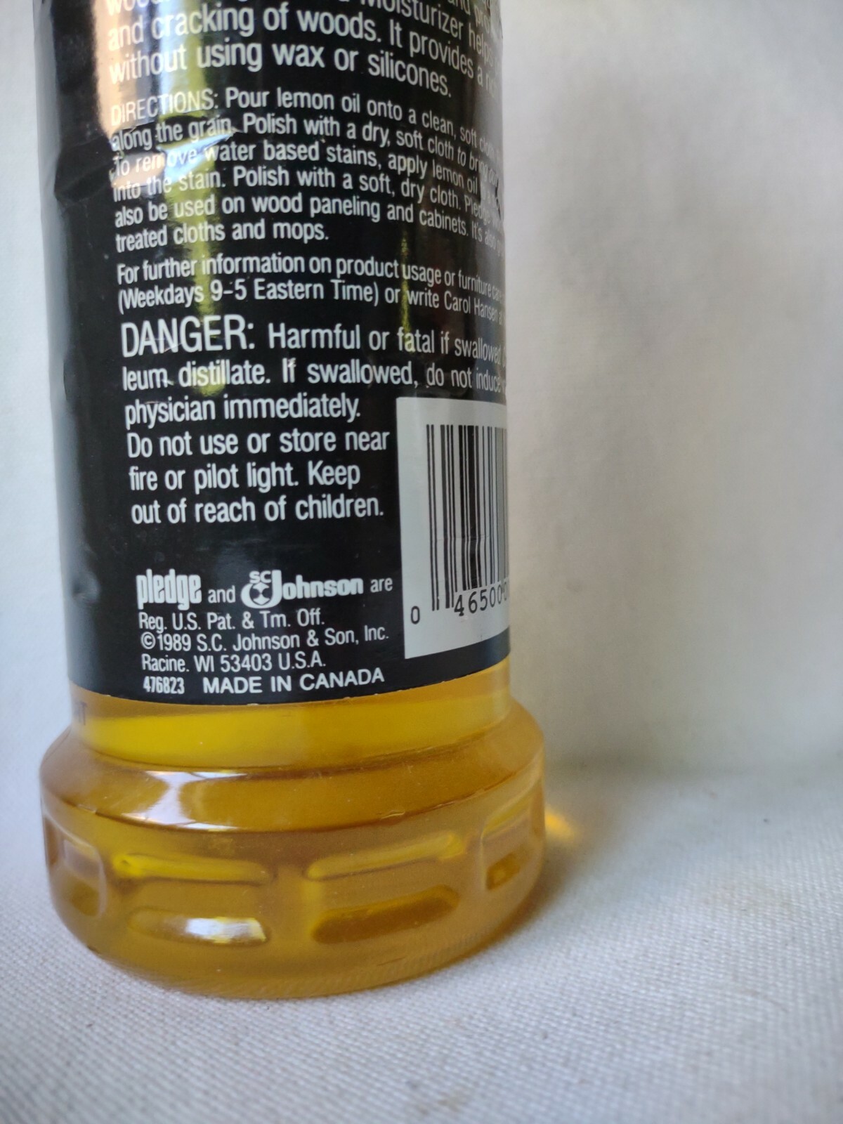 Vintage 1989 Pledge Wood Moisturizer Lemon Oil SC Johnson 95% Full 16 Oz. Bottle