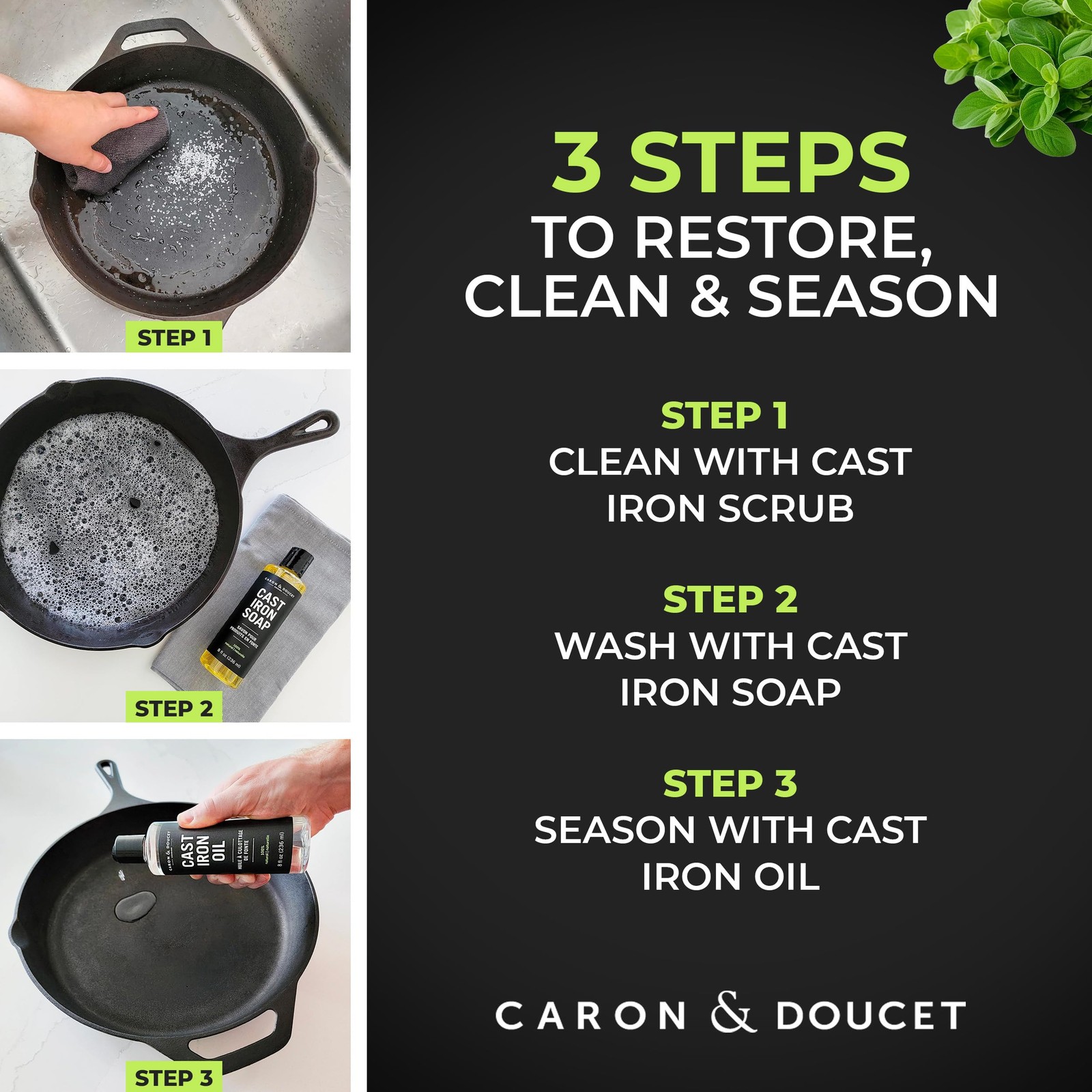 CARON & DOUCET Ultimate Cast Iron Set Seasoning Oil, Cleaning Soap & Restori…
