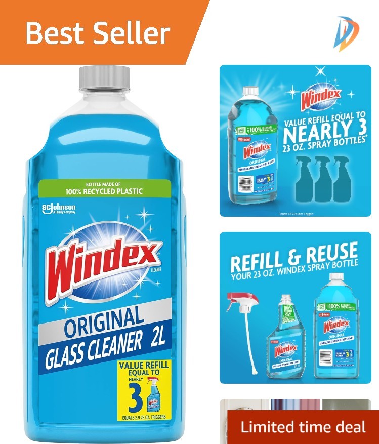 Windex Blue Glass Cleaner Refill, 2L Eco-Conscious Streak-Free Shine