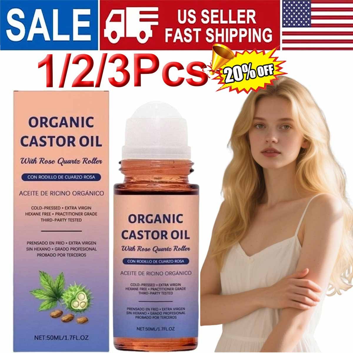 1~3pcs Organic Golden Castor Oil Roll-On with Rose Quartz for Skin,Hair&Wrinkle