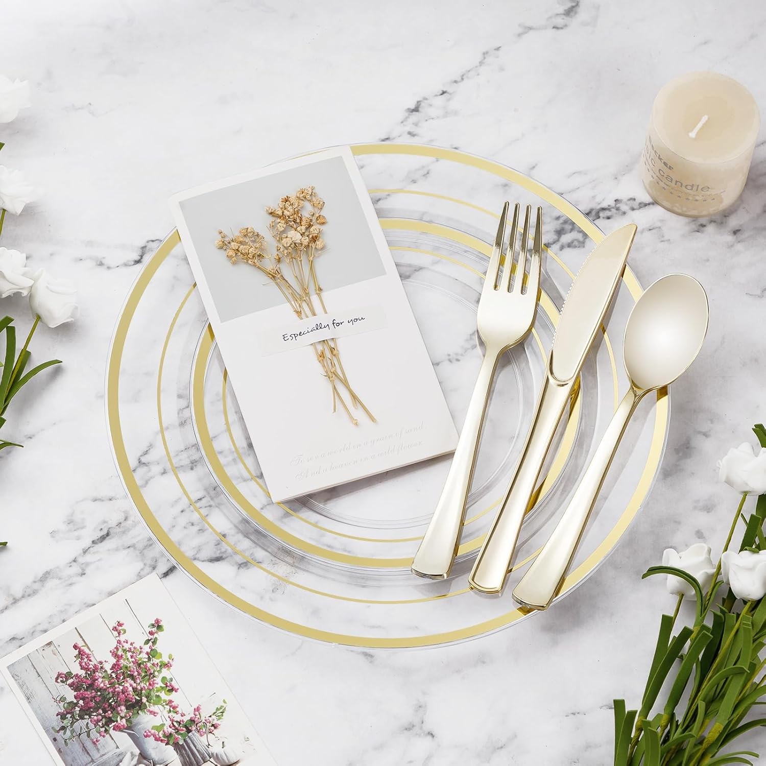 BESTVIP 600PCS Clear Gold Plastic Plate Set (100 Guests), Plastic Plates for P