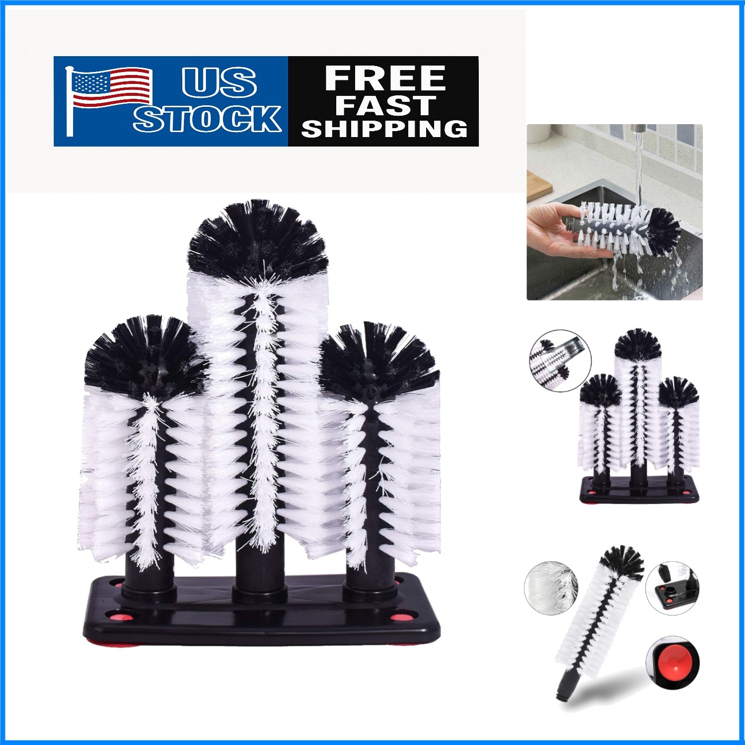 3 Detachable Head Water Bottle & Glass Cleaning Brush with Suction Base, 10.43in