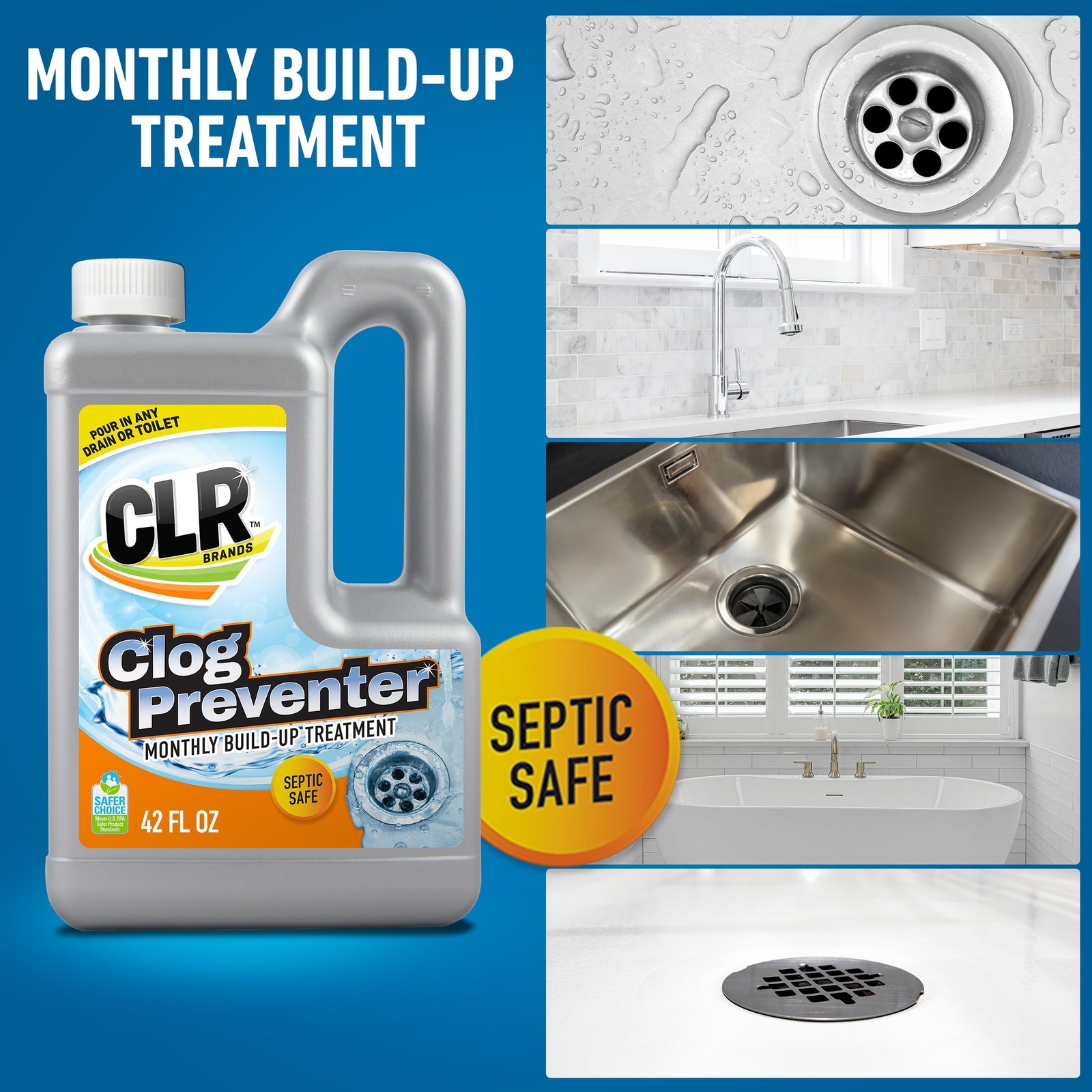 CLR 42 Oz Clog Preventer Drain Opener Safe for Septic Systems Fragrance Free