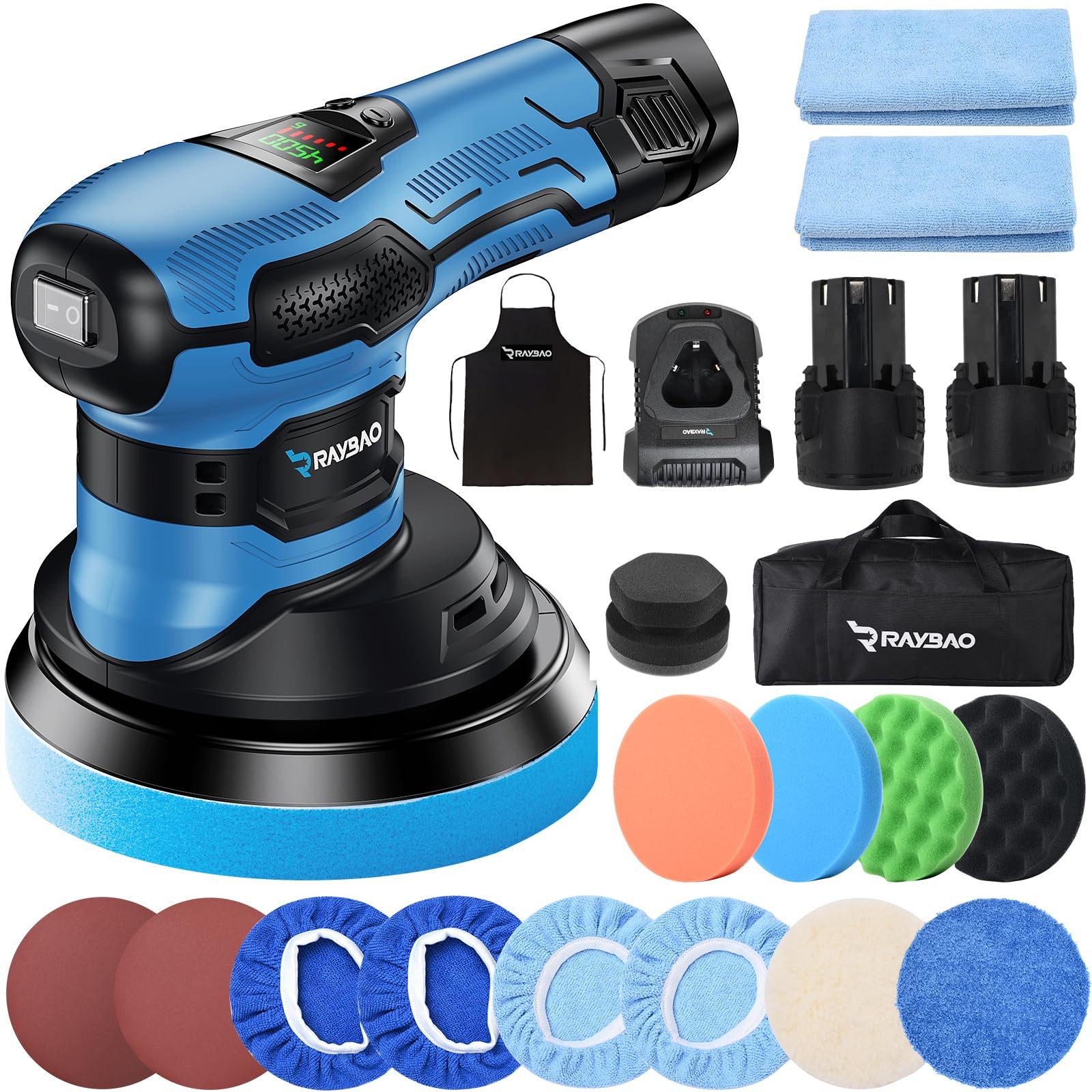 Cordless Polisher 2x2000mAh 21V Batteries,21pcs Attachments & 6 inch Car Buffer