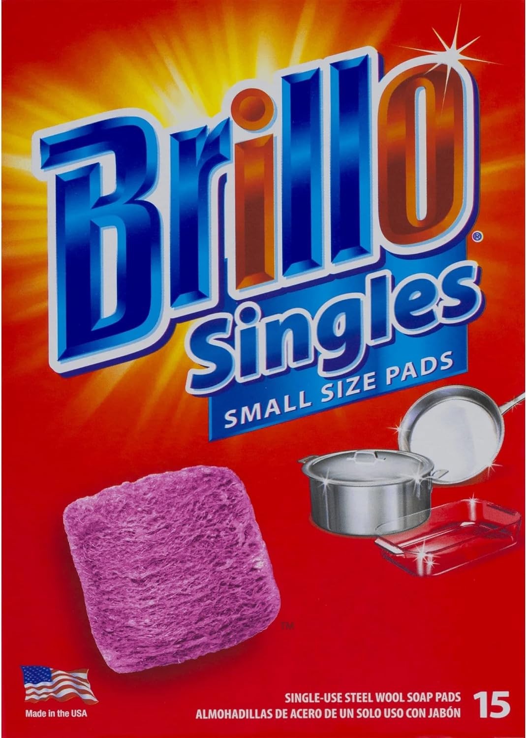 Brillo Single Use Steel Wool Soap Pads, Smaller Size Original Red Scent, 15 Coun