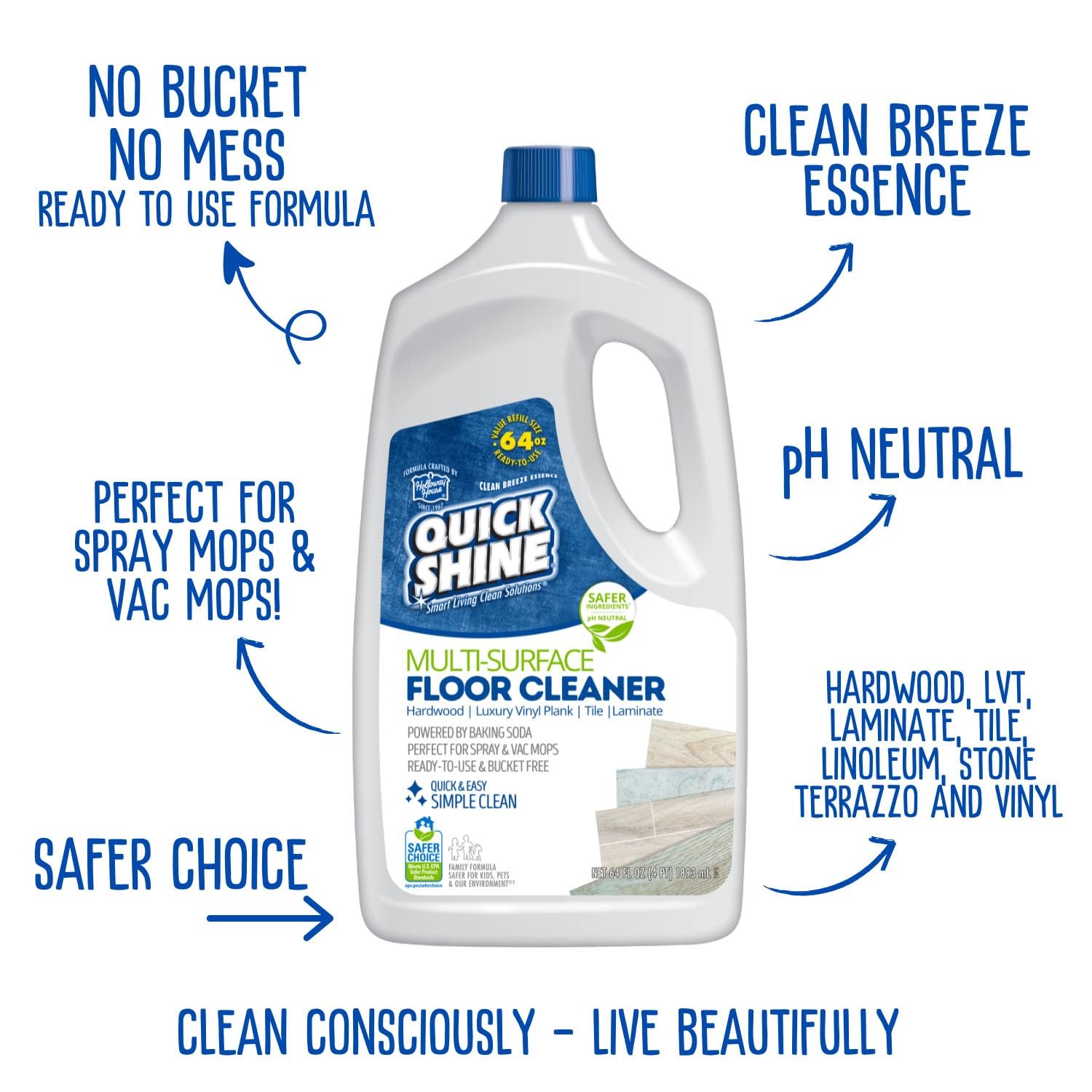 Quick Shine Multi Surface Floor Cleaner 64oz, Ready to Use-Streak Free-No Rinse,