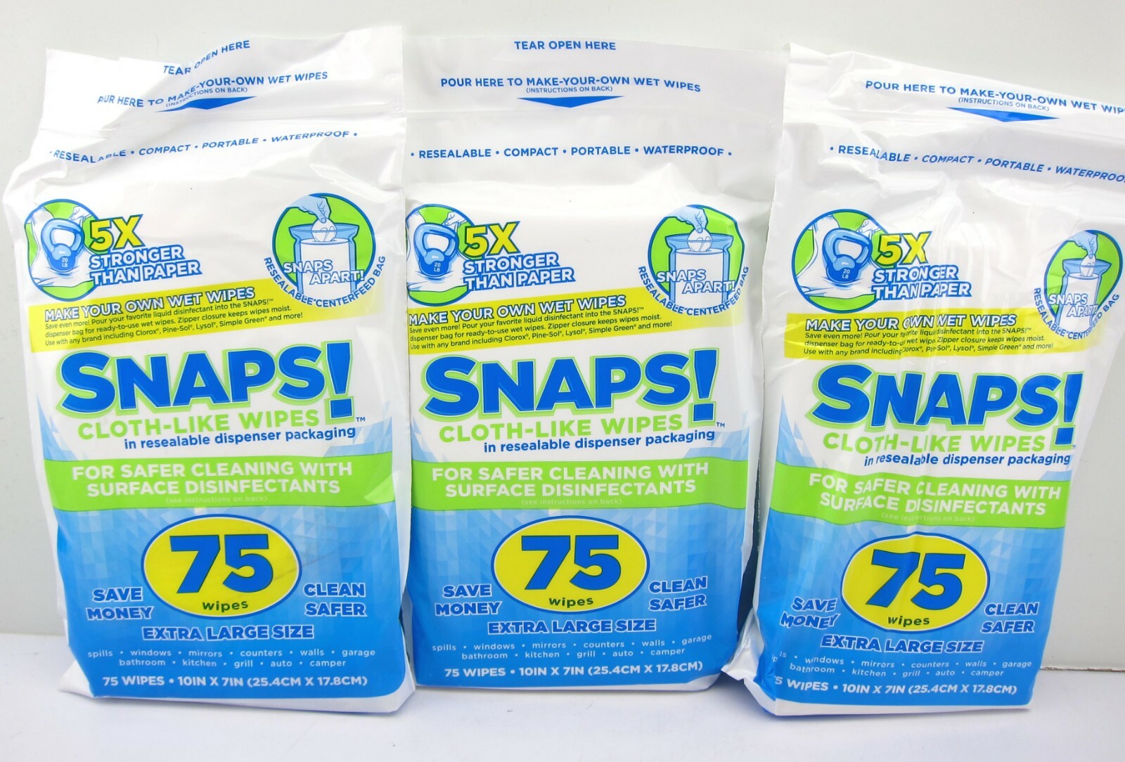 NEW Snaps Cloth Like Cleaning Wipes 3 Pack 75 Ea 225 Total Resealable Packaging
