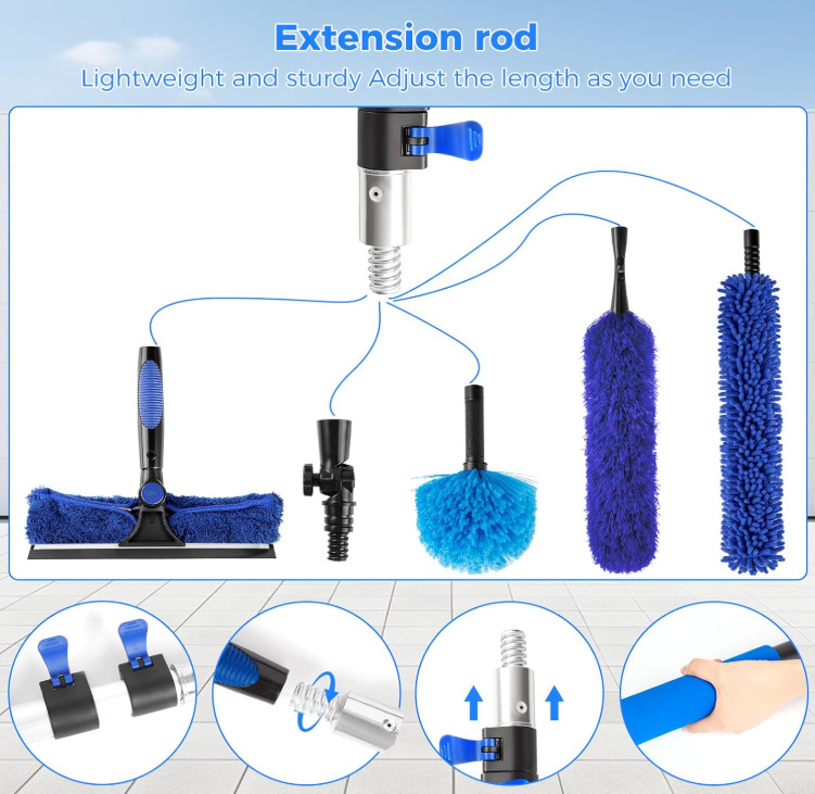 Kit Plumero Telescópico 26FT Con 5 Cabezales Para Techo Ventanas Y Ventilador