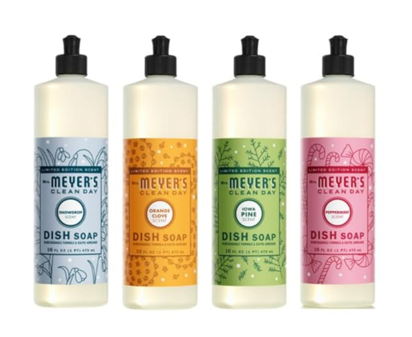 4 Pack Mrs Meyers Clean Day Dish Soap Liquid, Pine, Orange, Peppermint, Snowdrop