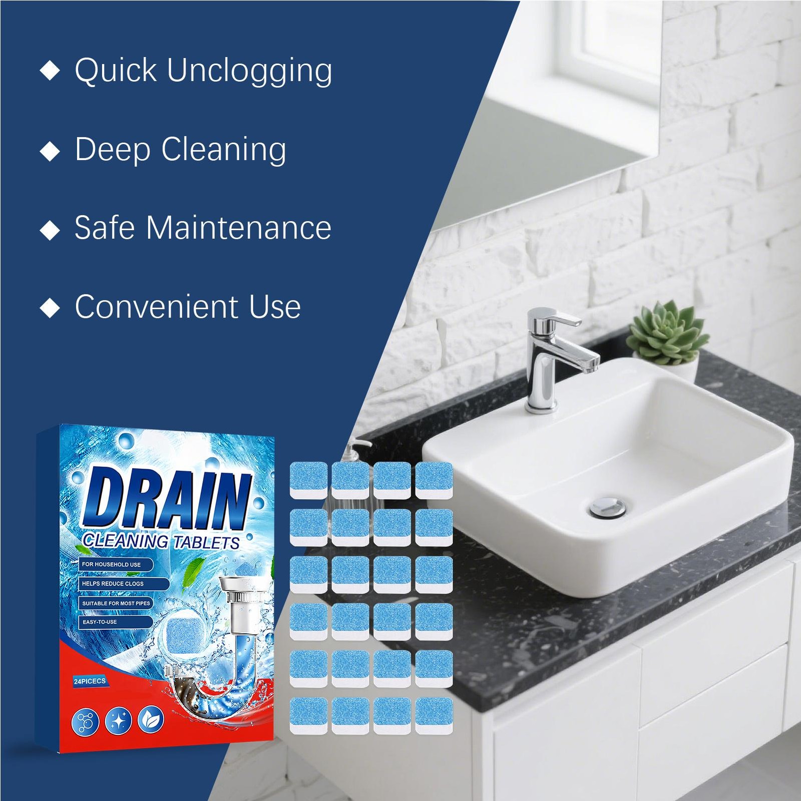 Drain Cleaner Tablets 24 Pieces Powerful Safe Prevents Clogs Household Sinks