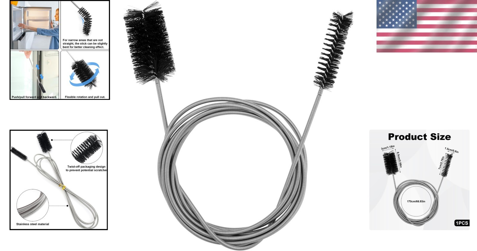 Flexible Metal Tube Brush 66.93 Inch Drain Pipe Cleaning Tool for Narrow Holes
