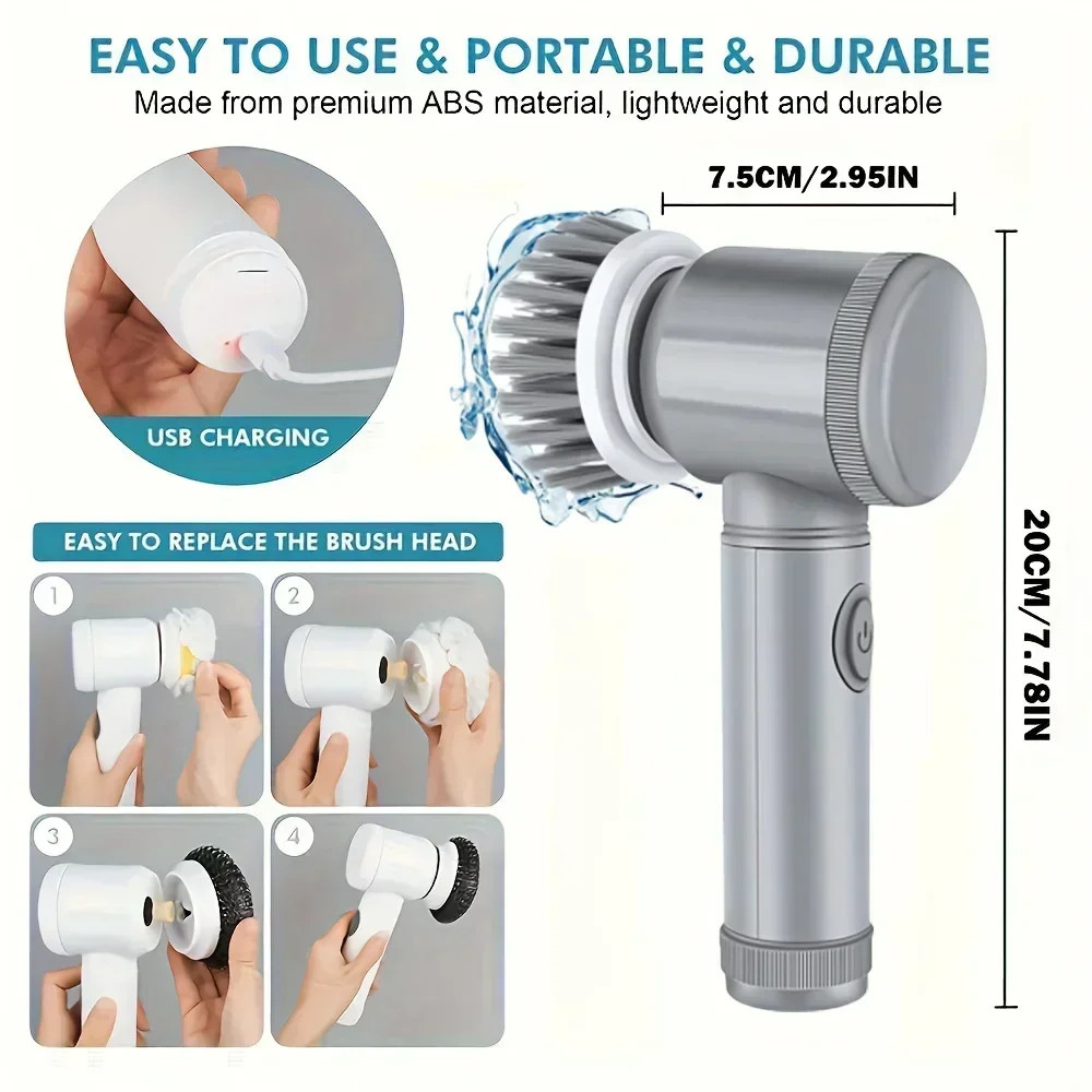 Electric Spin Scrubber Cordless Bathroom Cleaning Brush 5 Replaceable Heads