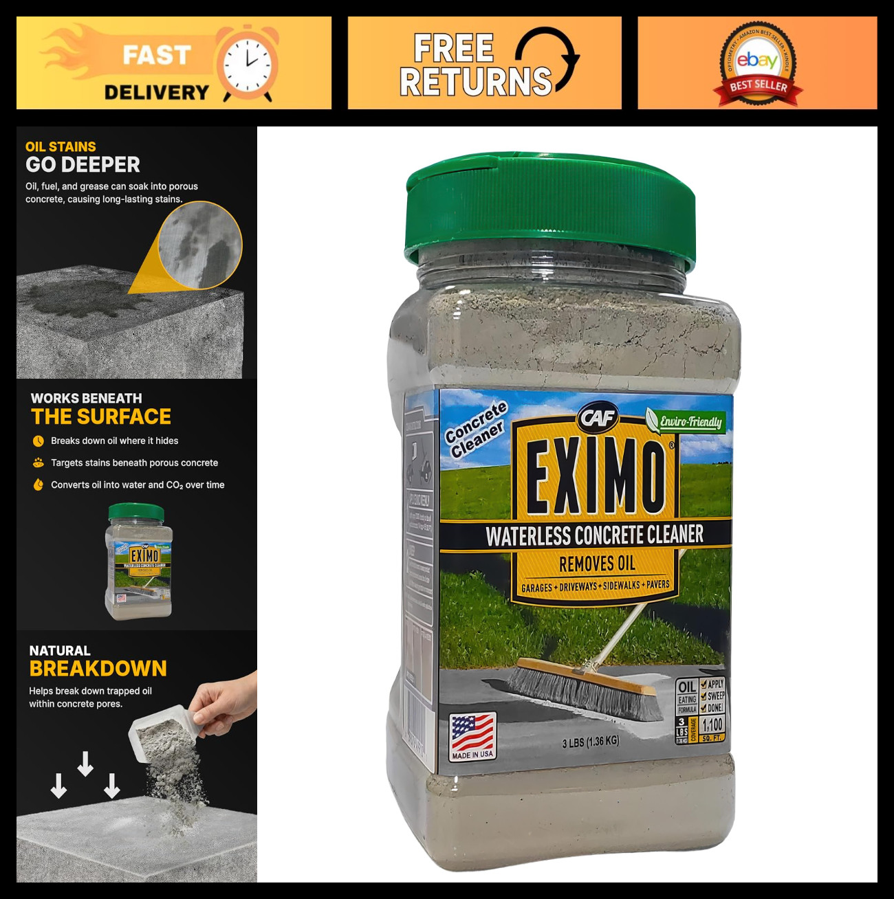 Waterless Concrete Cleaner & Oil Stain Remover for Driveways, Garages, Walkways