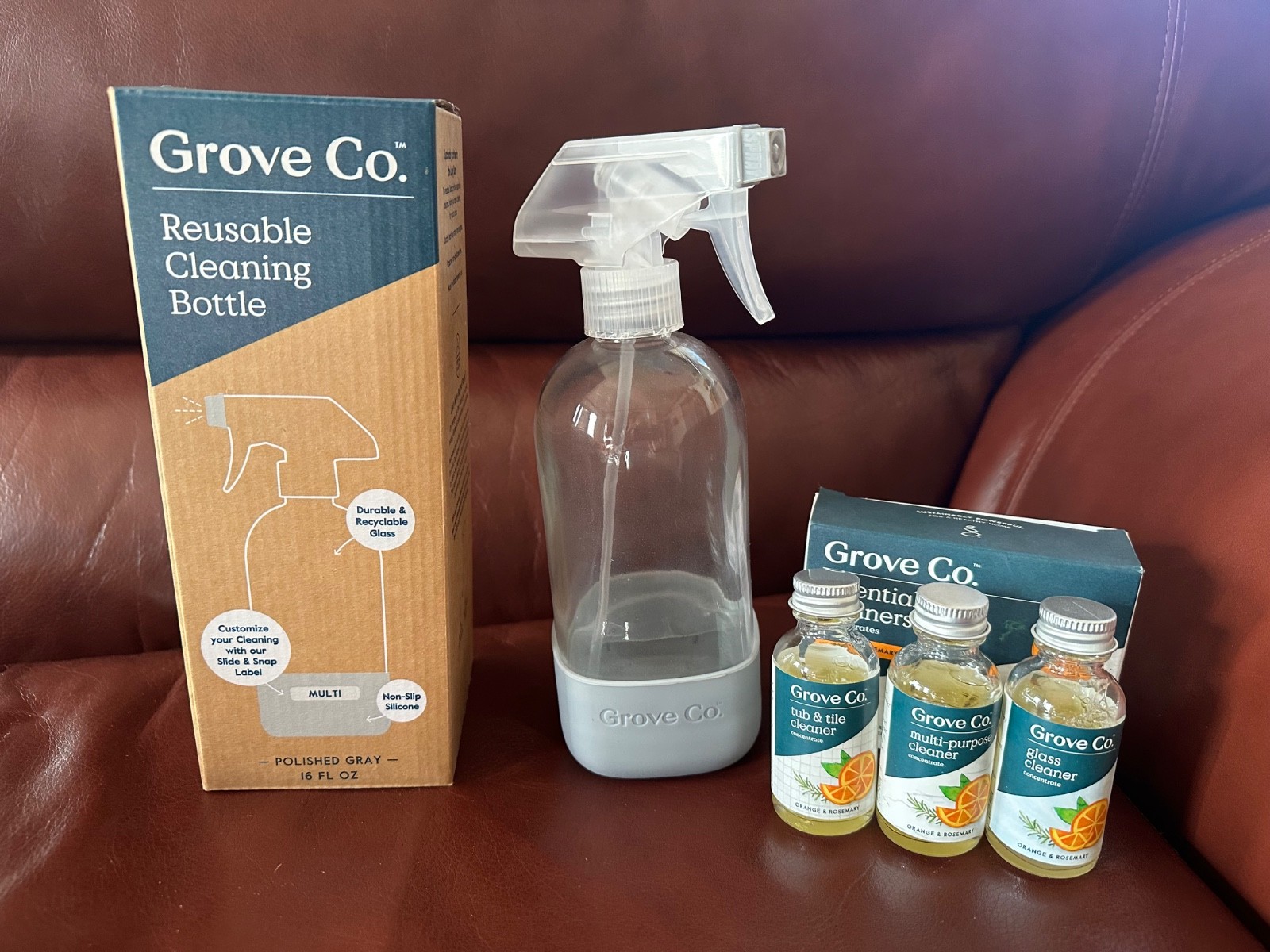 NIB Grove Collaborative Reusable Spray Bottle + Glass, Multi, & Tub/Tile Cleaner