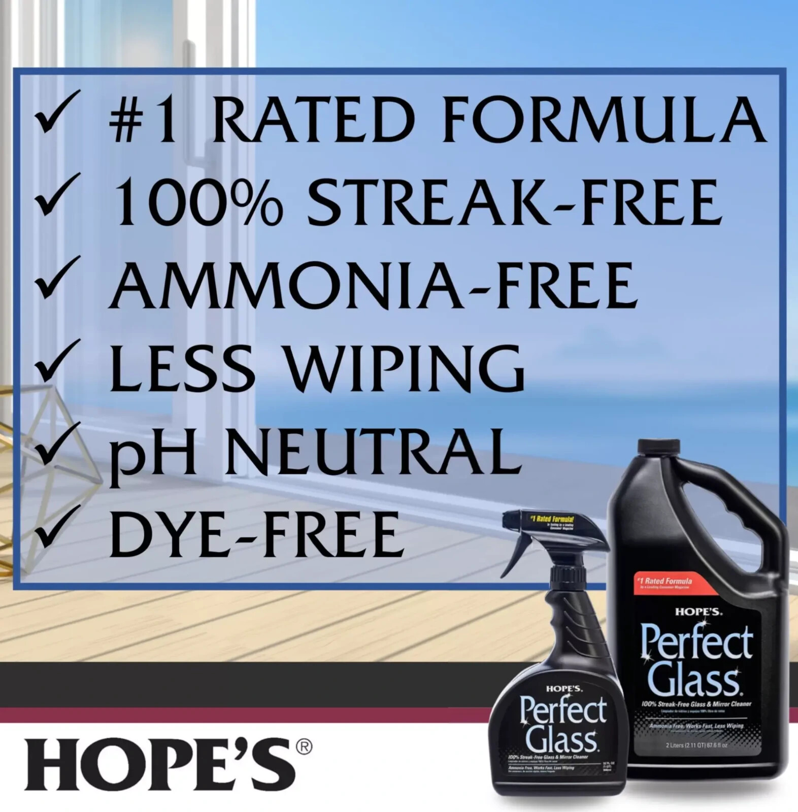 HOPE’S Perfect Glass streak free GLASS CLEANER ammonia free 32 ounce HOPES 32PG6