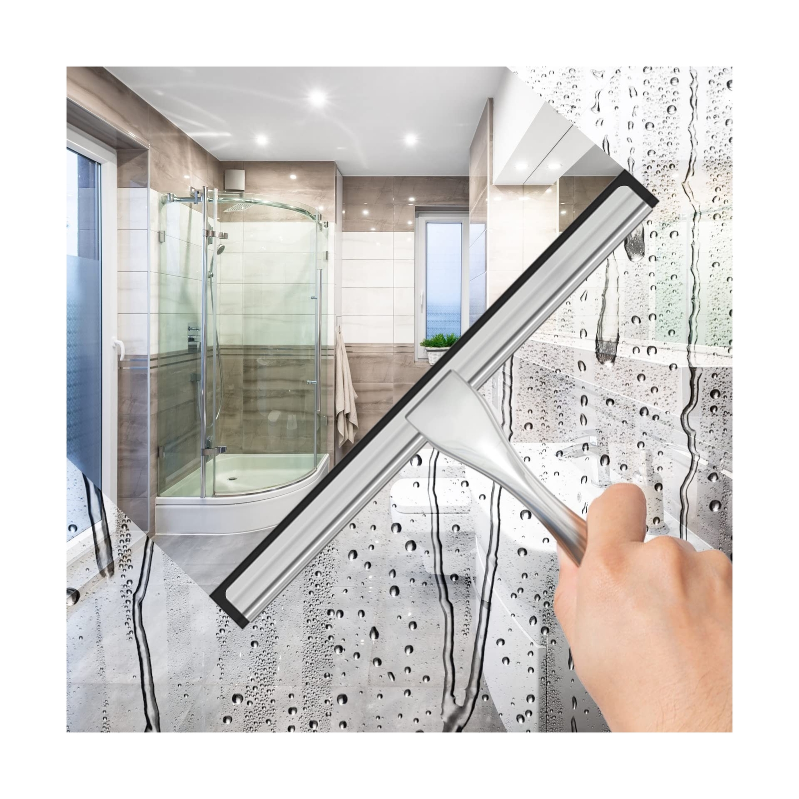 All-Purpose Stainless Steel Shower Squeegee for Shower Glass Door with 2 Adhe…