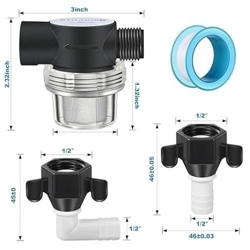 RV Water Pump Strainer Filter, 1/2″ Twist On Pipe Strainer, 1/2″ x 14 NPT x 1/2