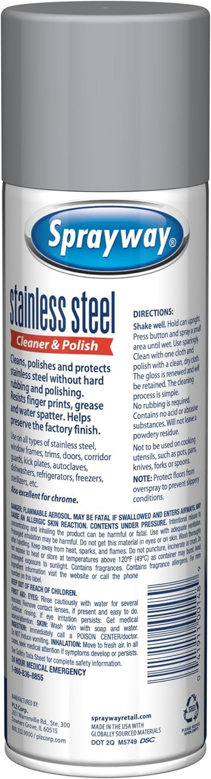 Sprayway Stainless Steel Cleaner Aerosol Spray (Water-Based), 15Oz, Pack of 6 |