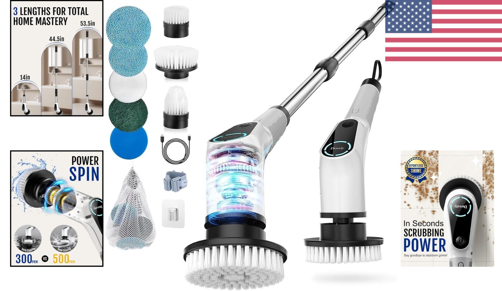 Electric Spin Scrubber with 8 Brush Heads & Adjustable Handle for Effortless …