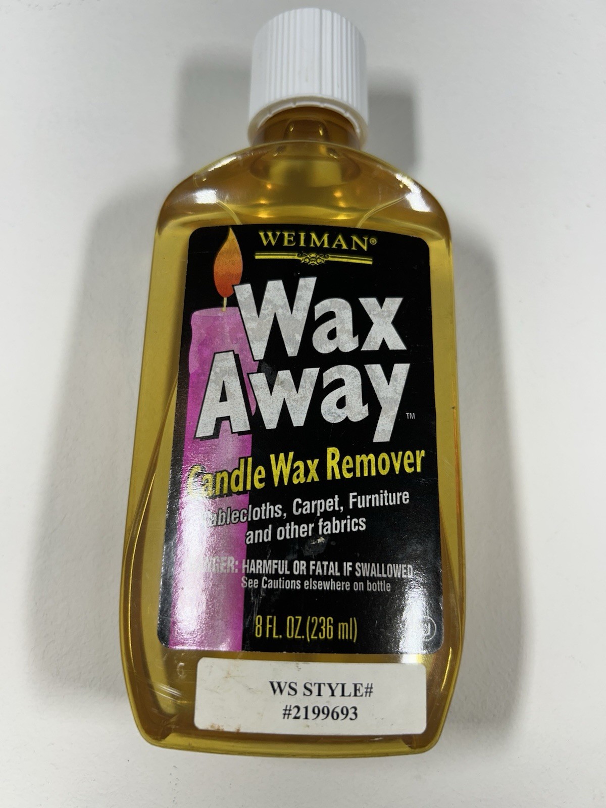 Weiman Wax Away Candle Wax Remover Fabrics 8 FL. OZ. White Cap Bottle 85% Full