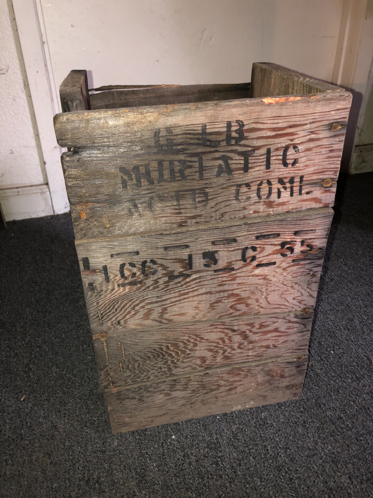 Glass stopper bottle 1/2 Gal Antique In Wood Box Muriatic Acid